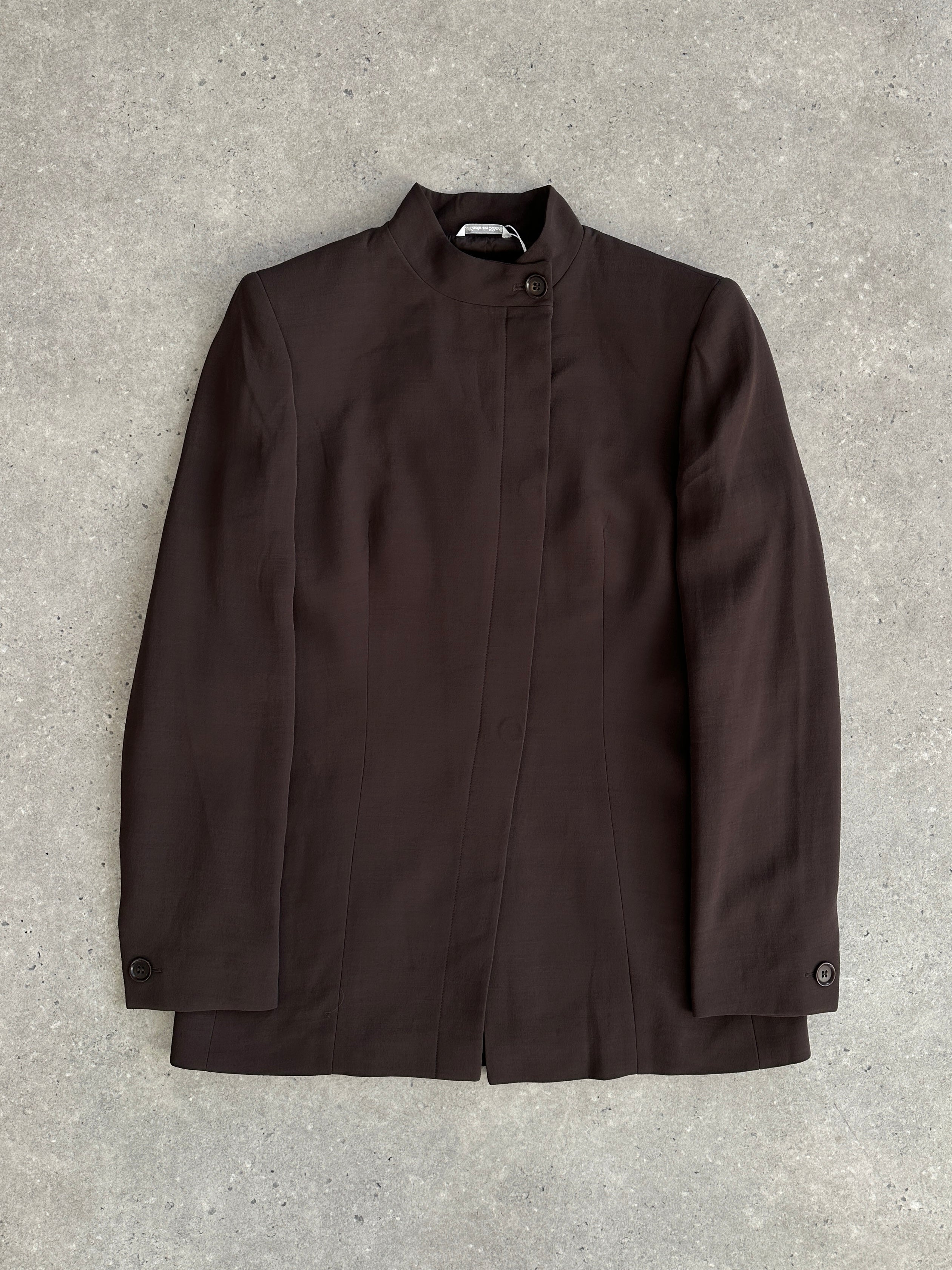 Max Mara 2000s fitted high-neck asymmetric tailored blazer, dark-colored with structured design and long sleeves.