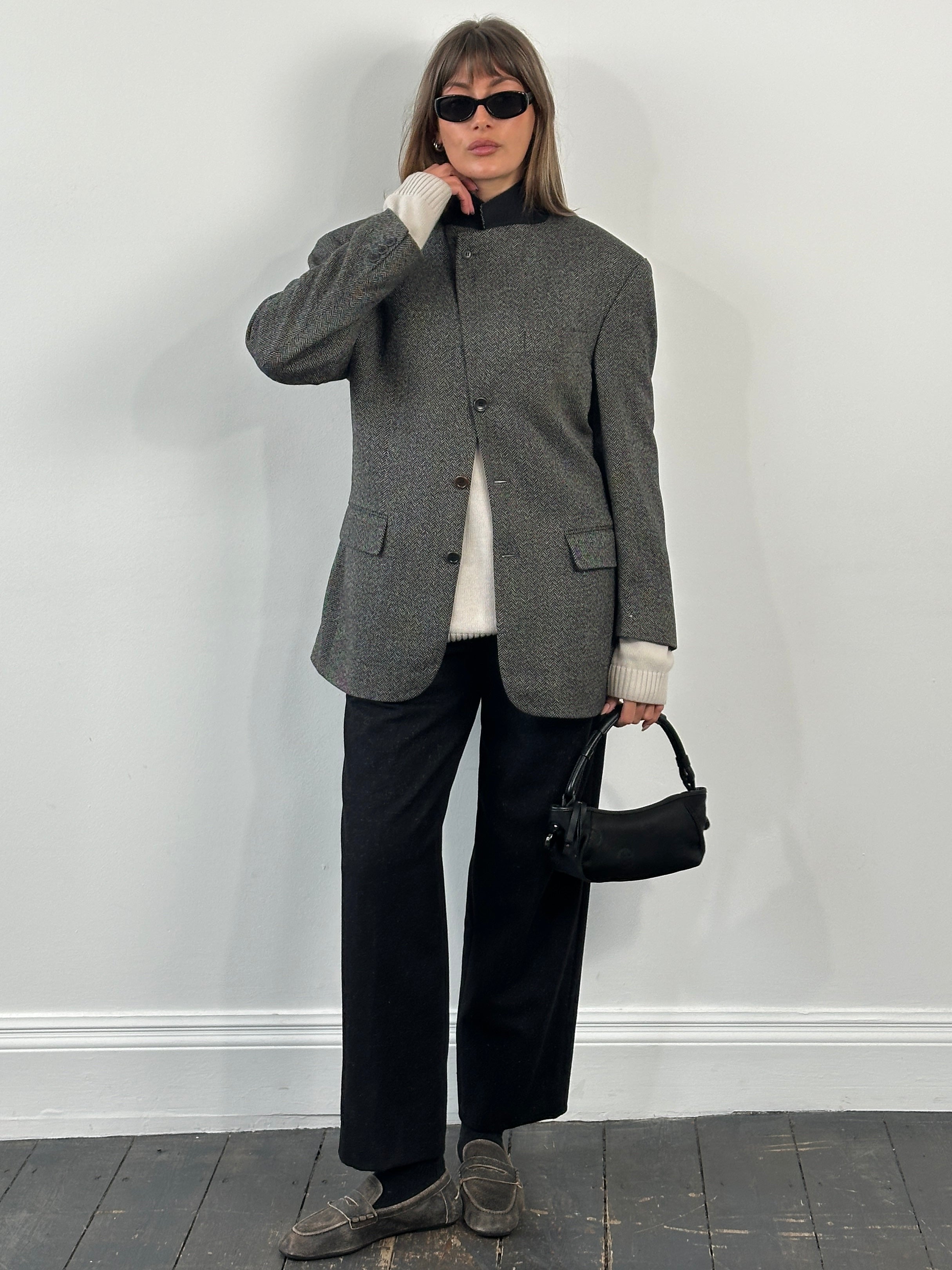 Loro Piana 1990s wool cashmere high-neck blazer, 38R/L, tailored fit in neutral color, close-up of fabric and collar detail.