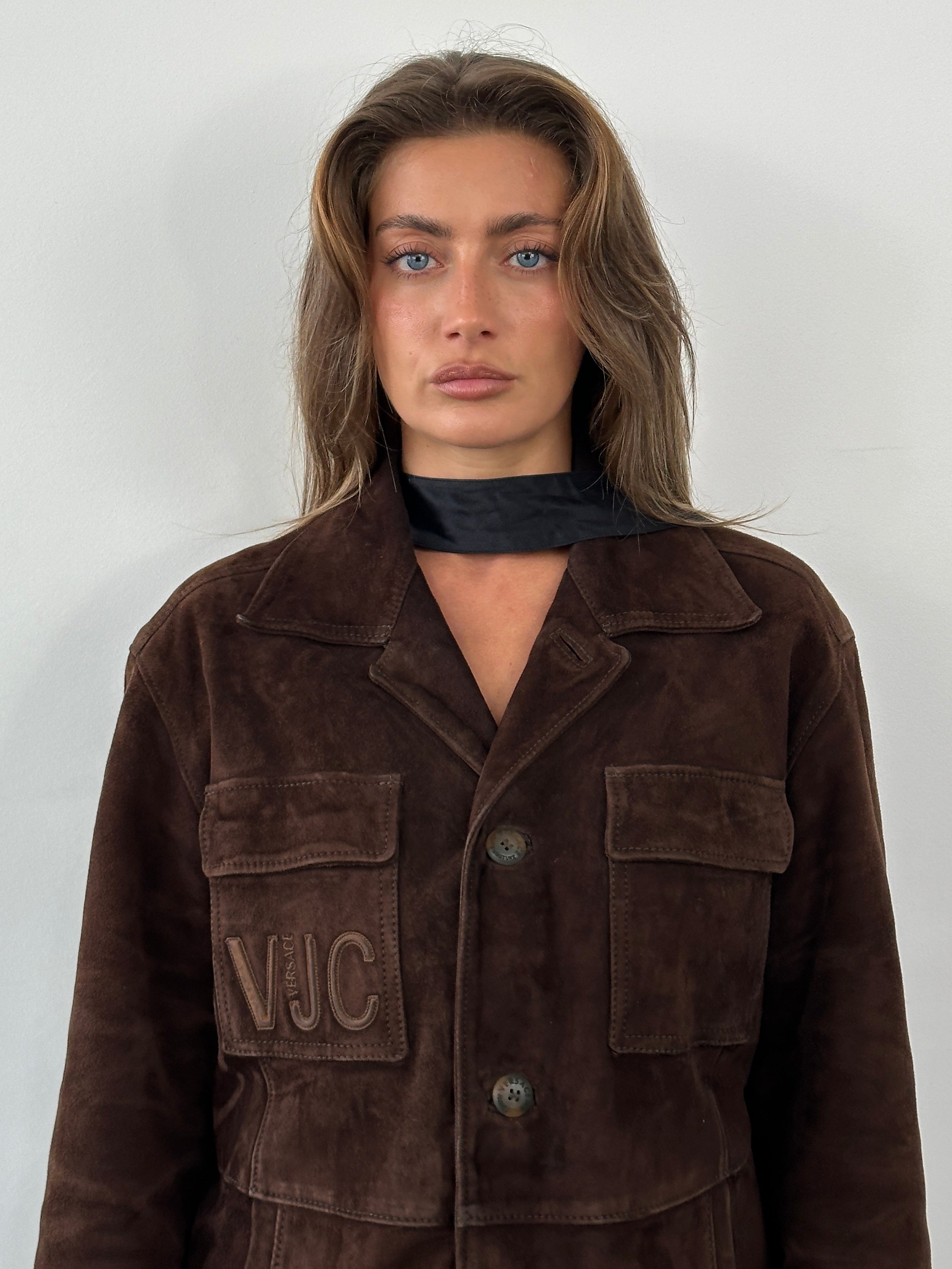 Versace Jeans Couture 1990s suede logo jacket in size L, featuring classic design and iconic branding.