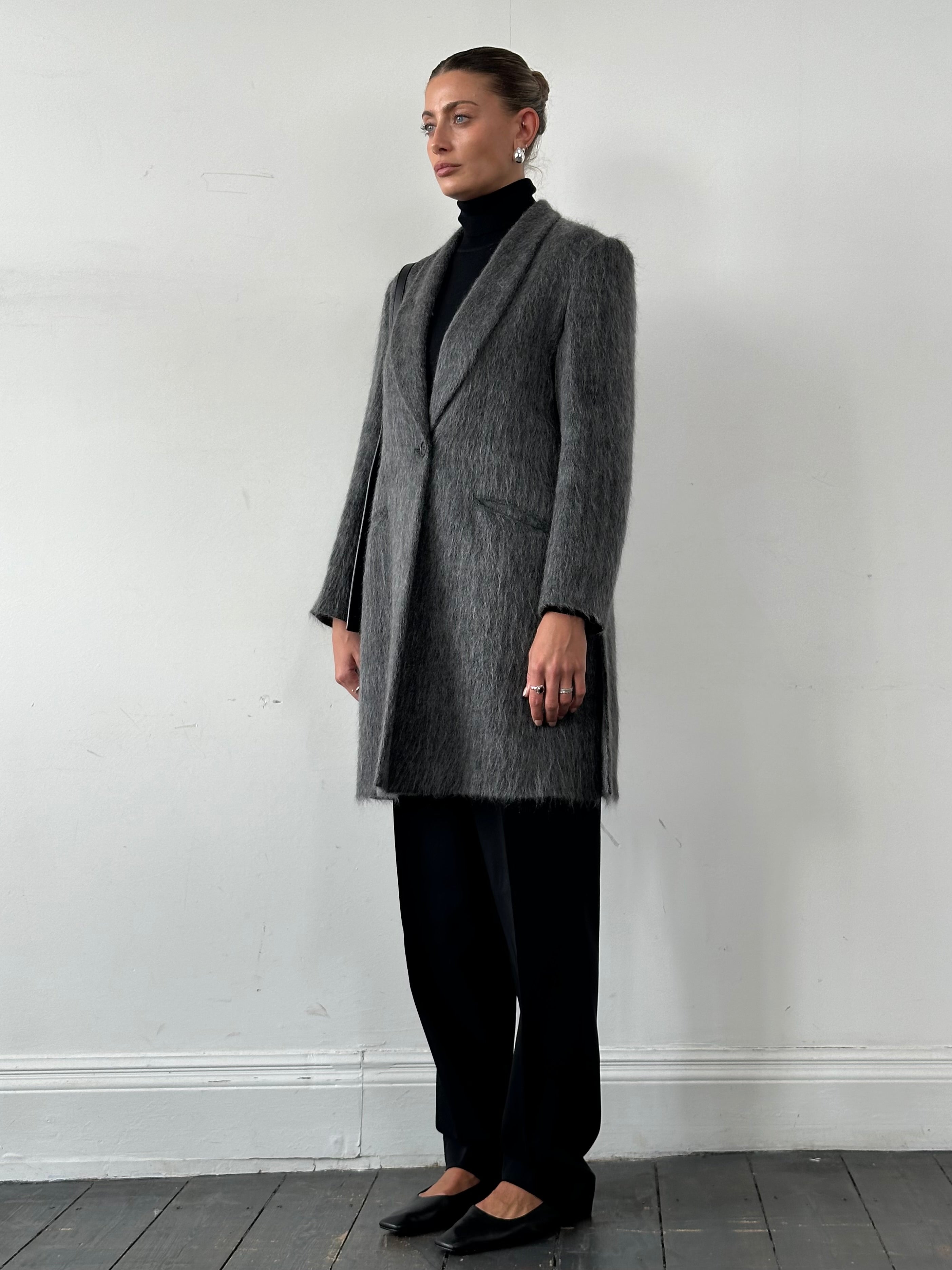 Emporio Armani fuzzy wool mohair single-breasted coat in size M, dark color, showcasing the textured fabric and tailored fit.