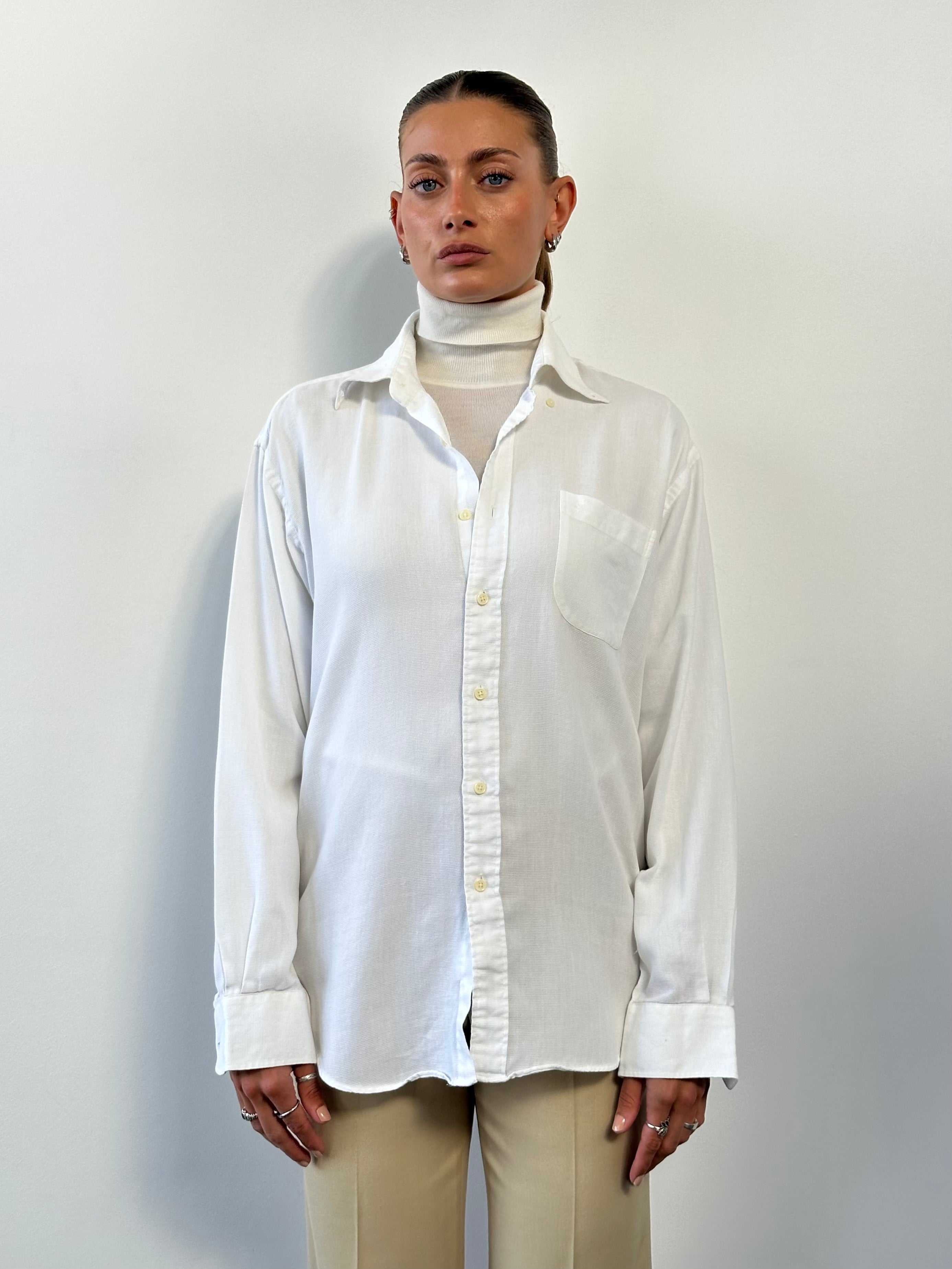 Yves Saint Laurent Pour Homme cotton logo shirt in size M/L, shown with front view highlighting the brand logo and classic shirt design.