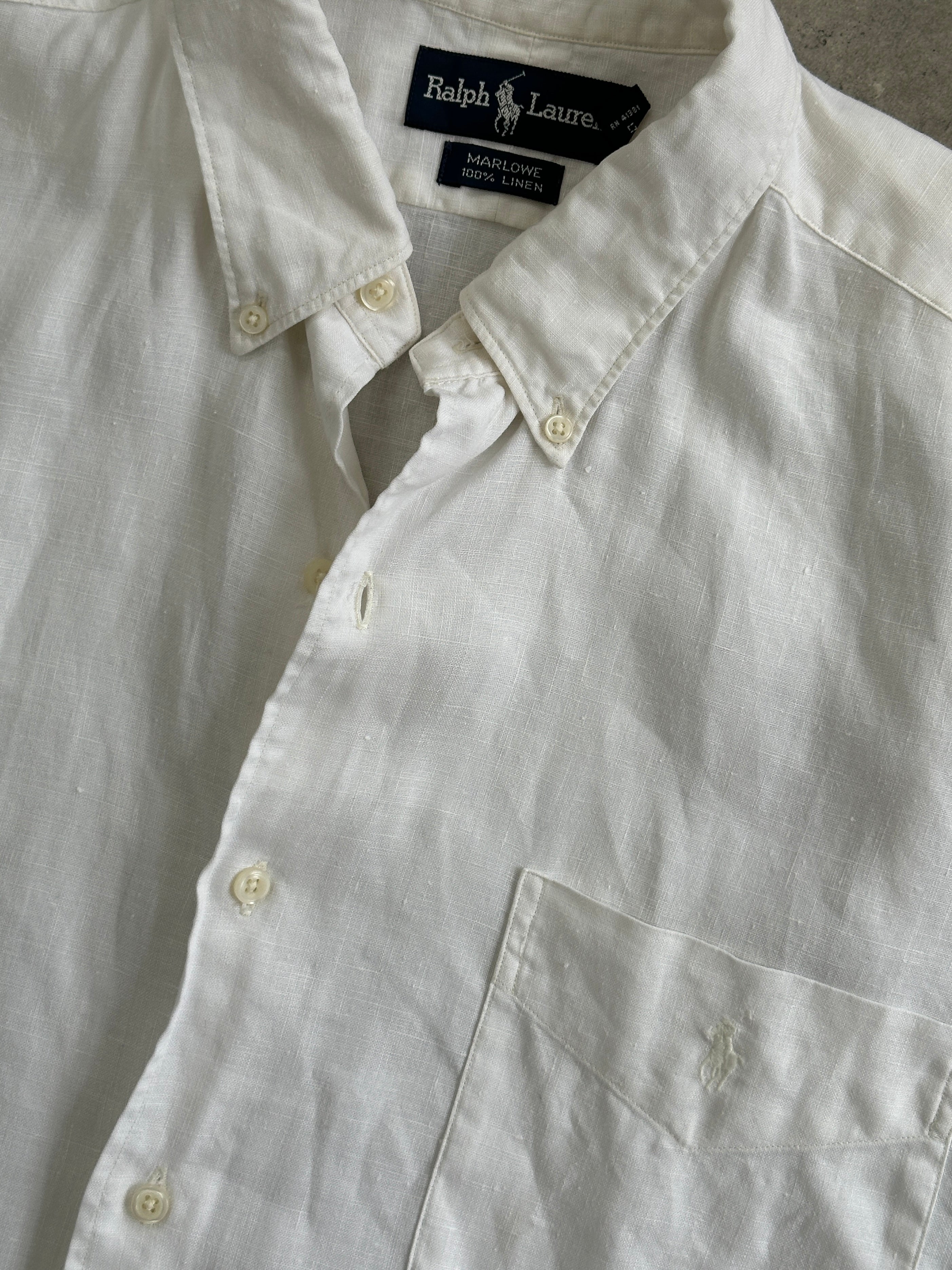 Ralph Lauren pure linen short sleeve logo shirt in XXL, light-colored fabric with Ralph Lauren branding on the front.