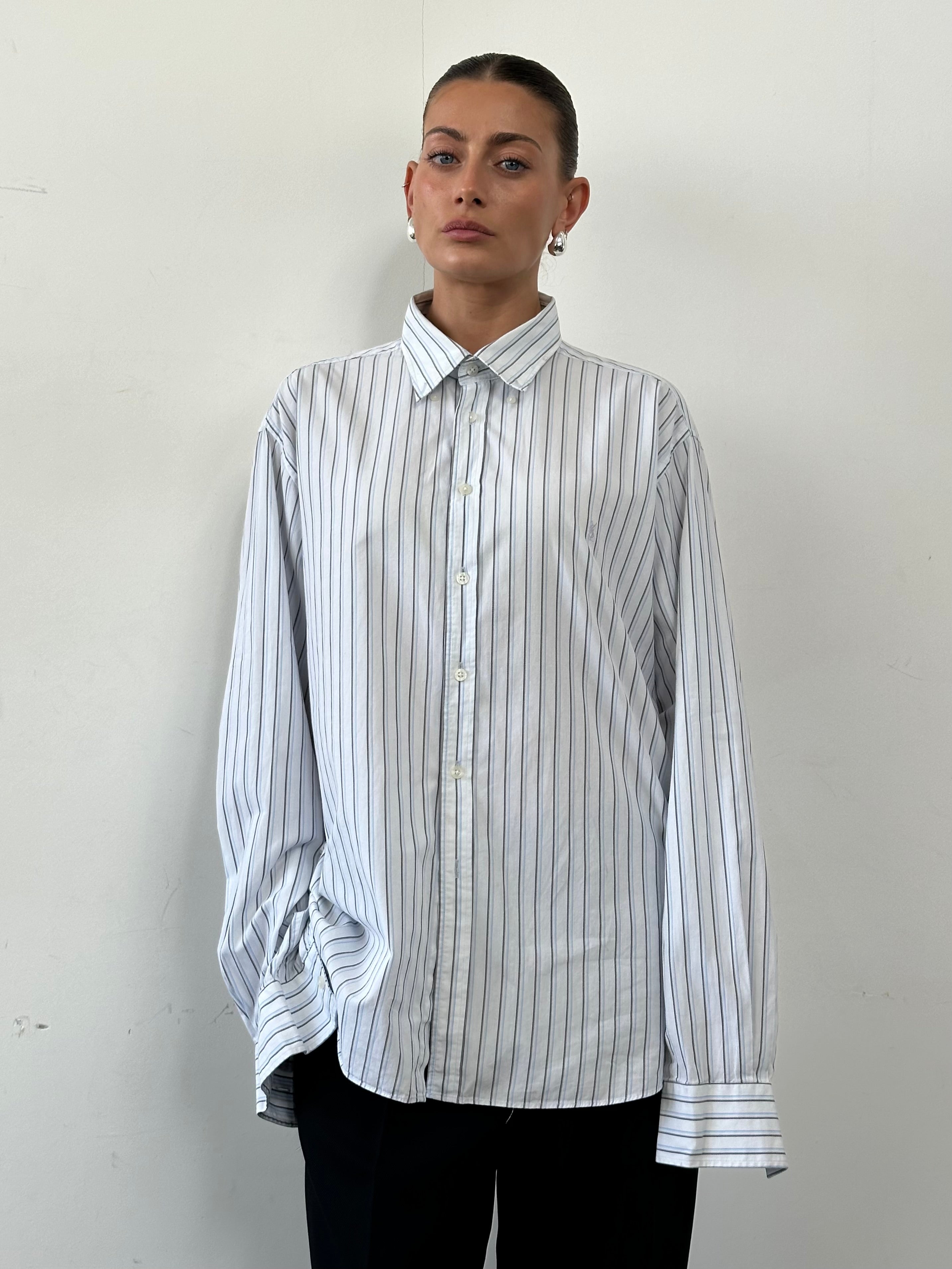 Yves Saint Laurent Pure Cotton Stripe Logo Shirt in XL with bold logo and classic striped design, front view showing collar and button details.