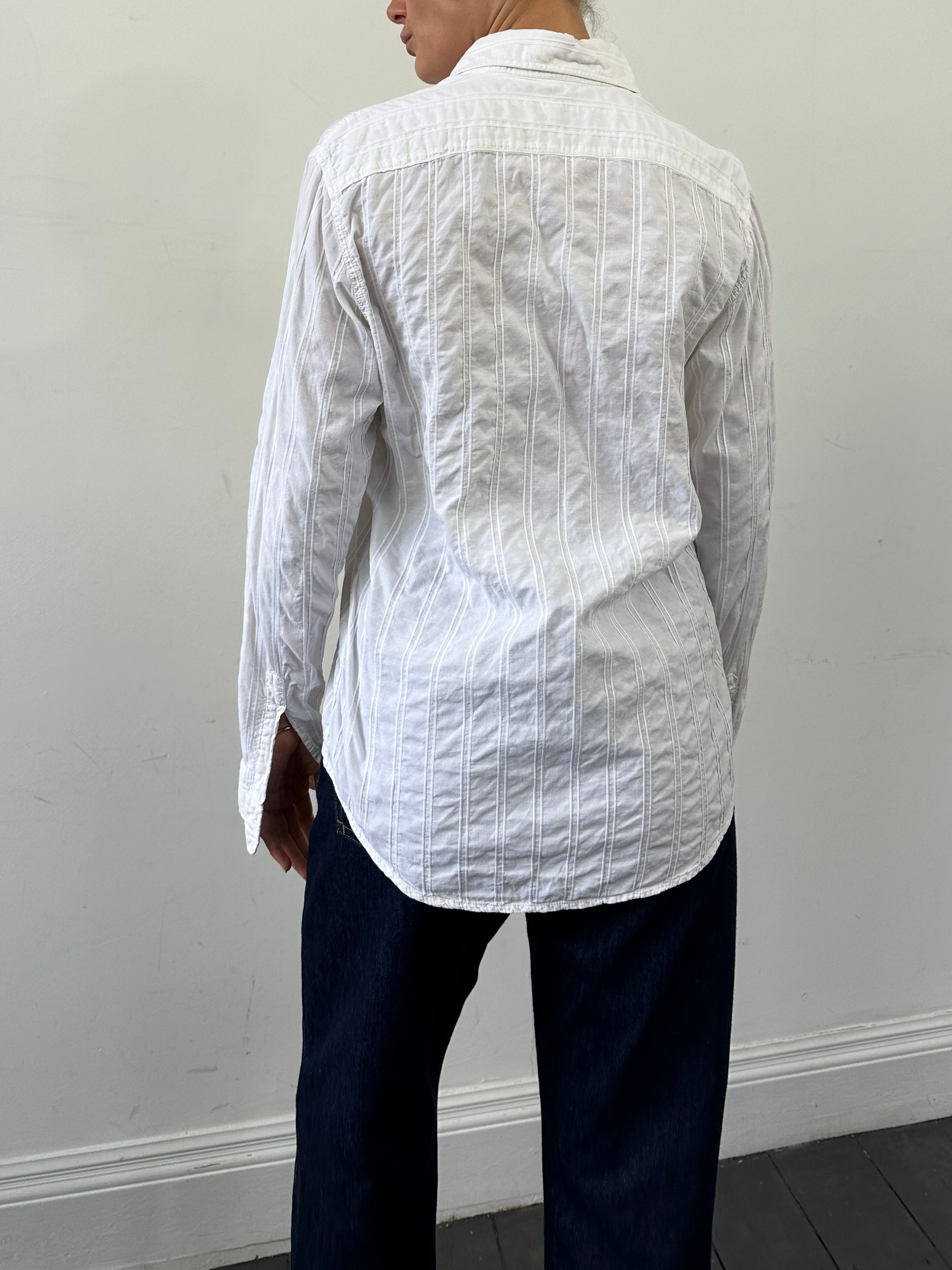 Armani Jeans cotton pintuck shirt in size M, featuring a classic button-down design with pintuck details on the front.