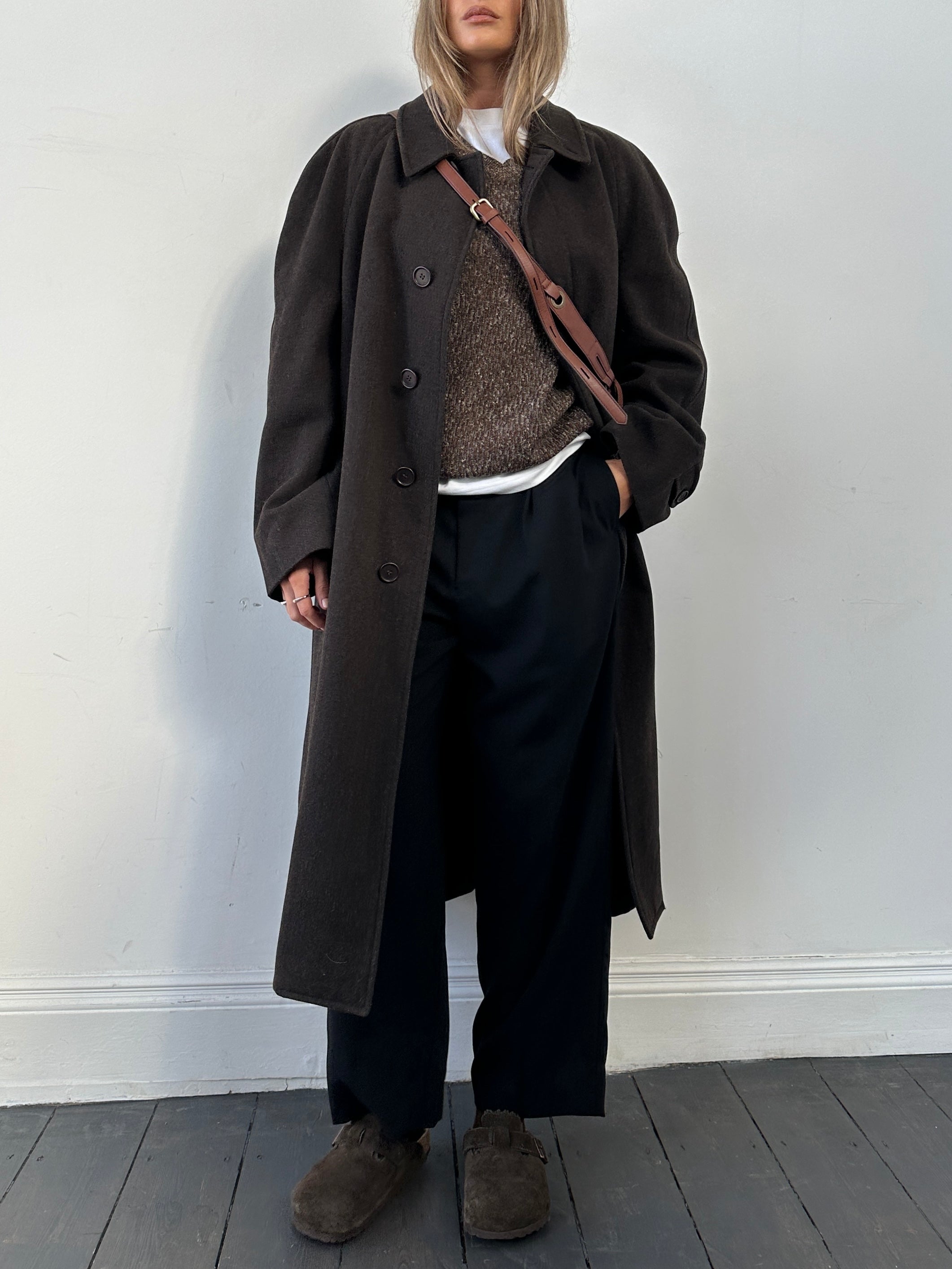 Giorgio Armani Le Collezioni wool coat with concealed placket, shown in size XL, featuring classic tailored design and neutral color.