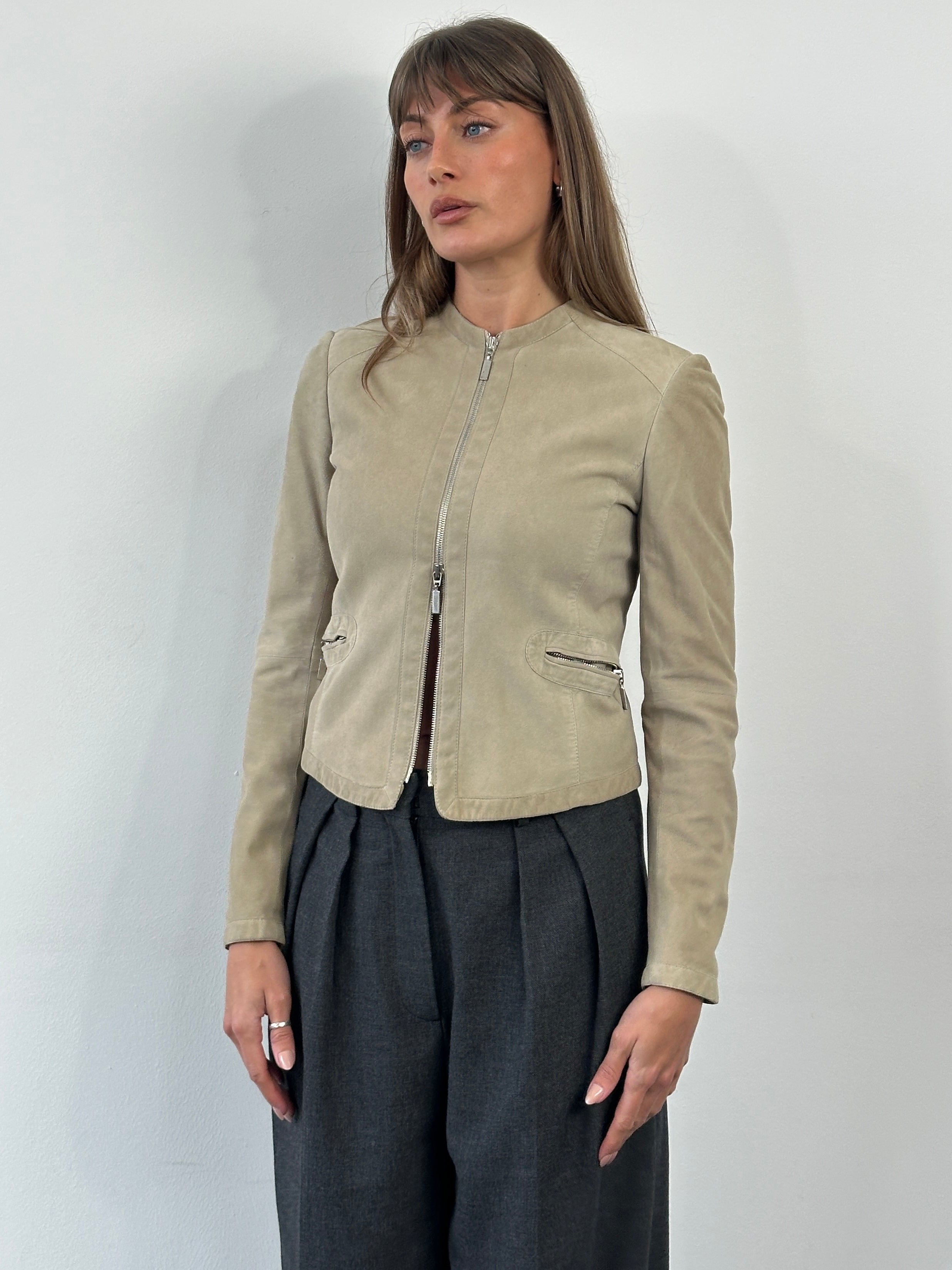 Armani Collezioni 2000s double zip suede leather jacket in XS/S, featuring a stylish design with dual zippers and soft suede material.
