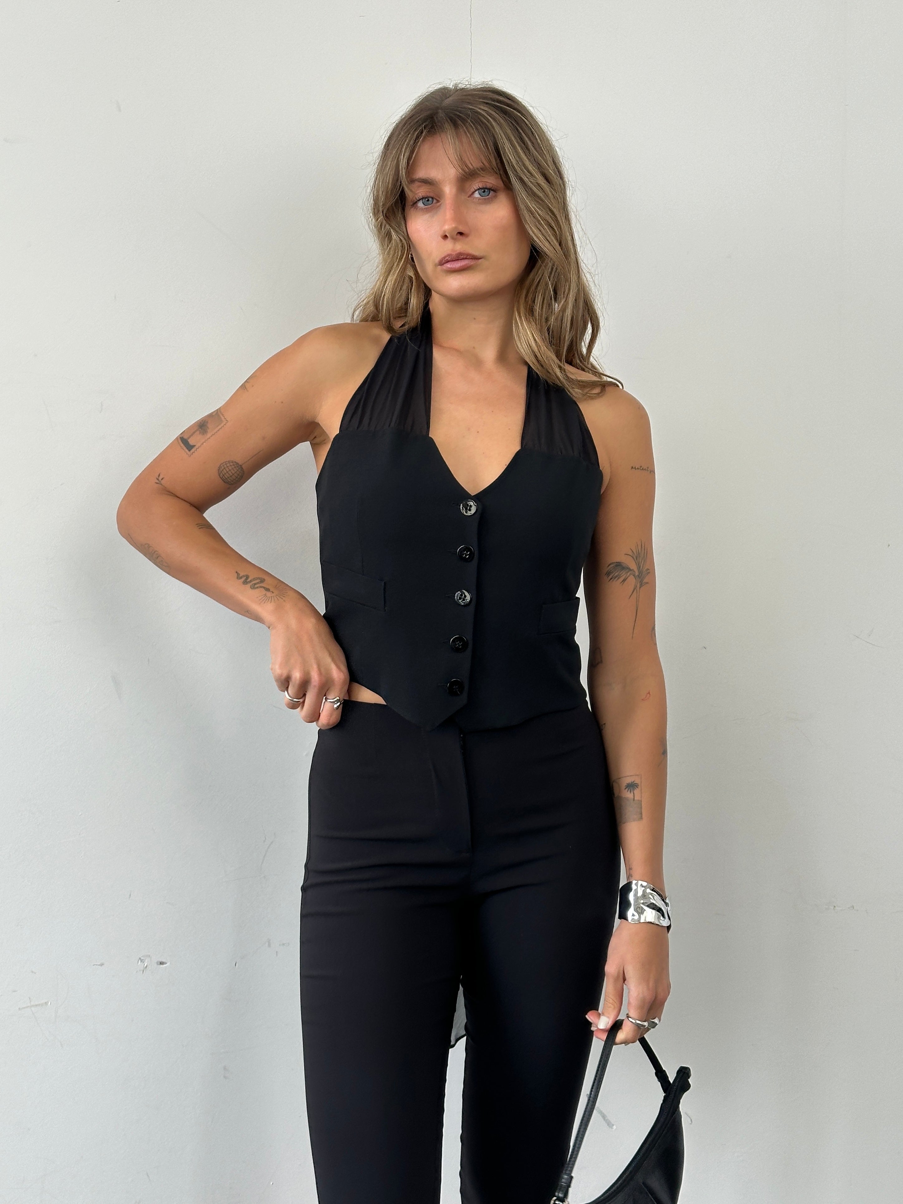 Emporio Armani 2002 pure silk halter neck waistcoat in S/M, featuring a sleek design and elegant silk fabric.