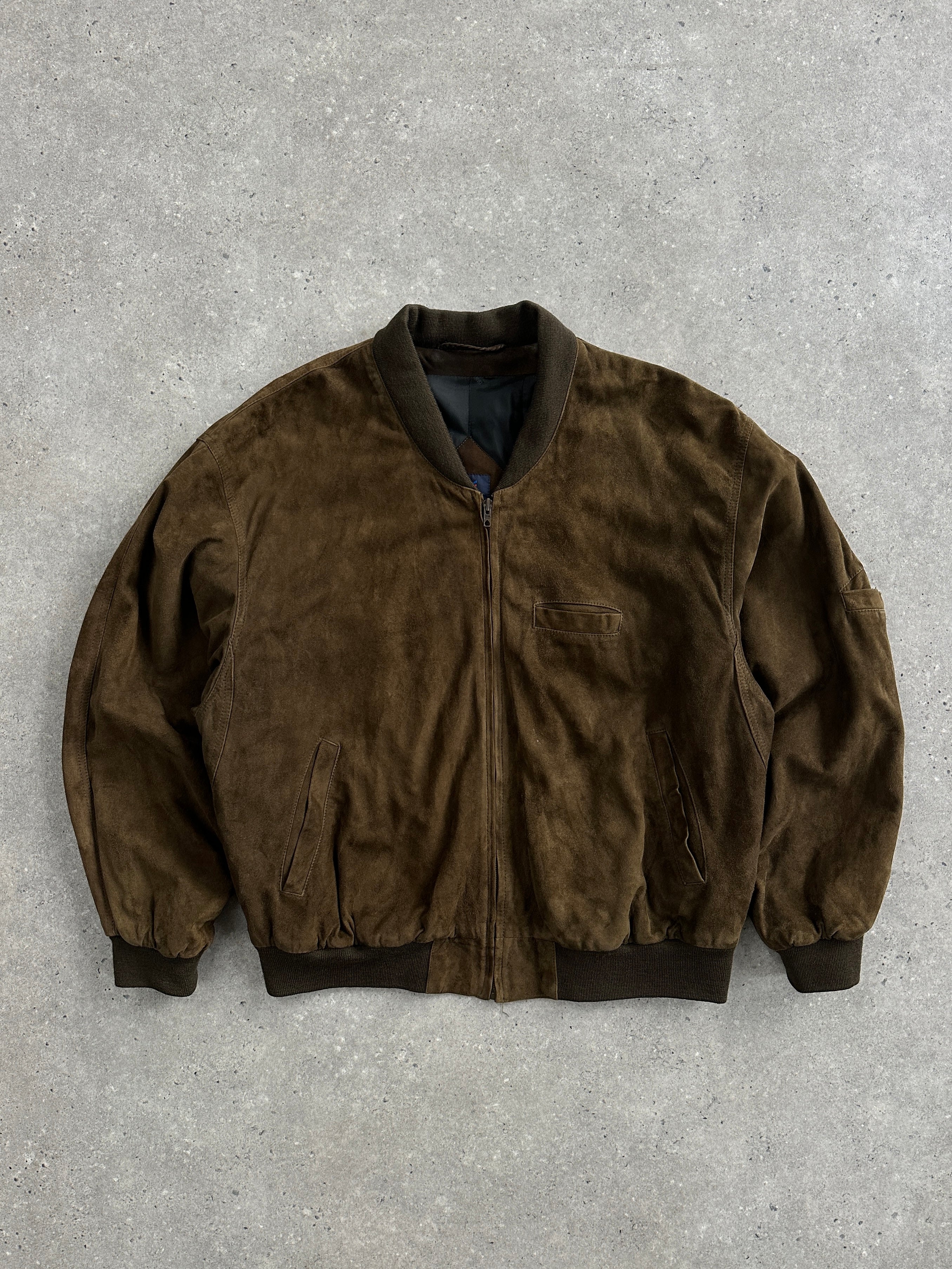 Vintage 1990s Daniel Hechter suede bomber jacket in XL with classic design and brown suede fabric.