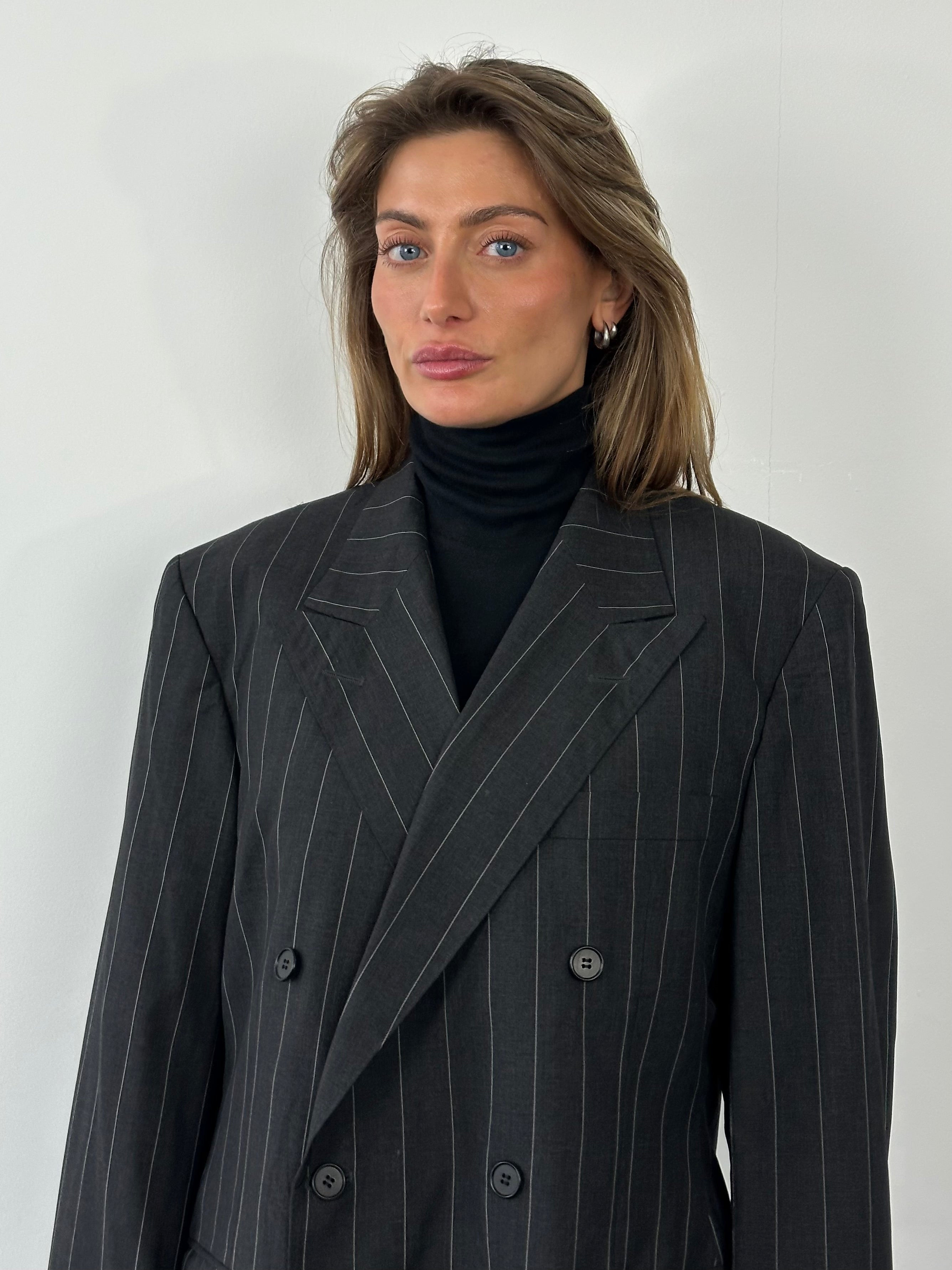 Burberry 1990s pure wool double-breasted stripe blazer in XL, featuring classic tailored fit and signature Burberry pattern.