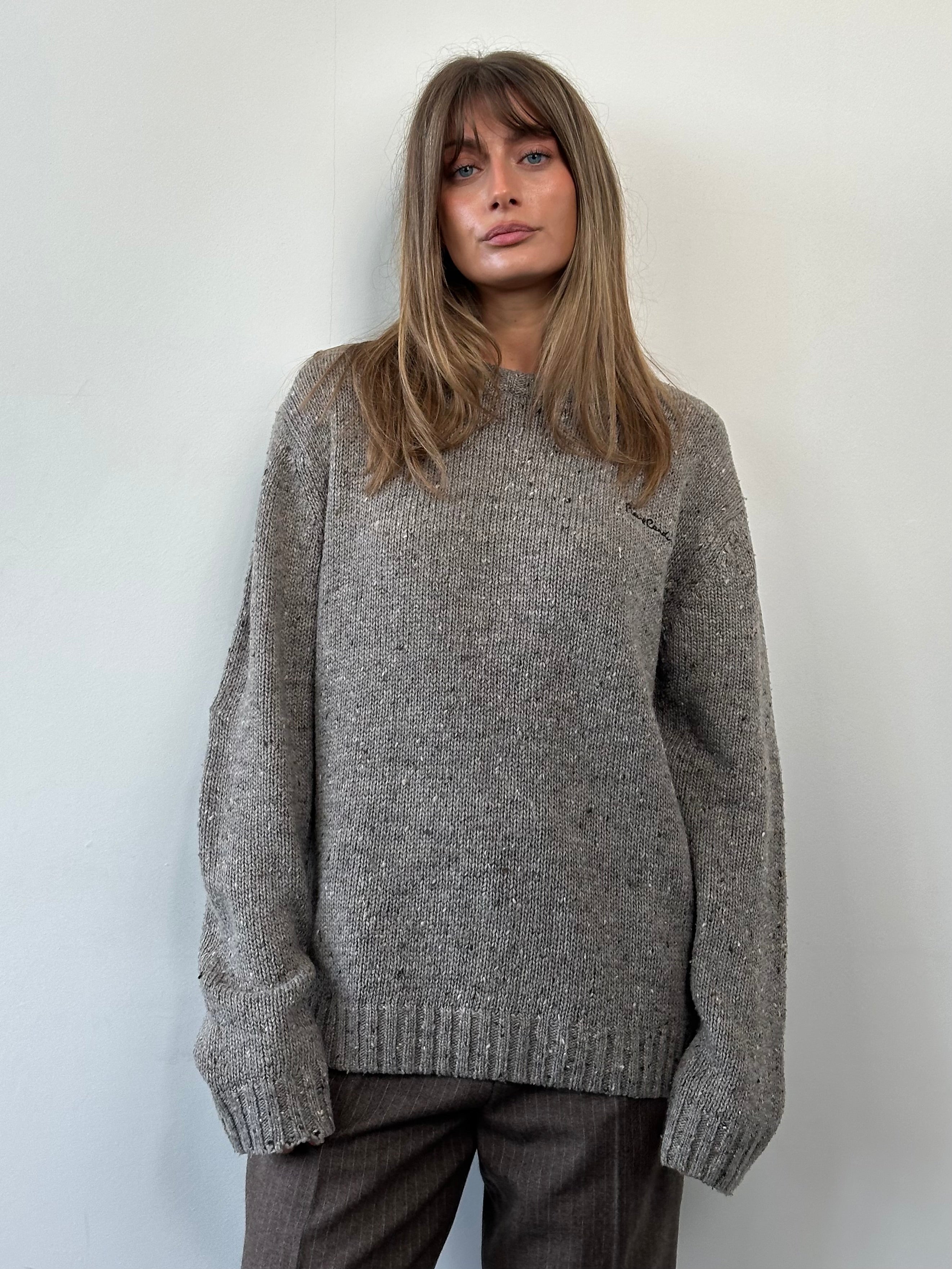 Pierre Cardin logo speckle knitted jumper in size L/XL, showing a close-up of the textured knit fabric and logo details.