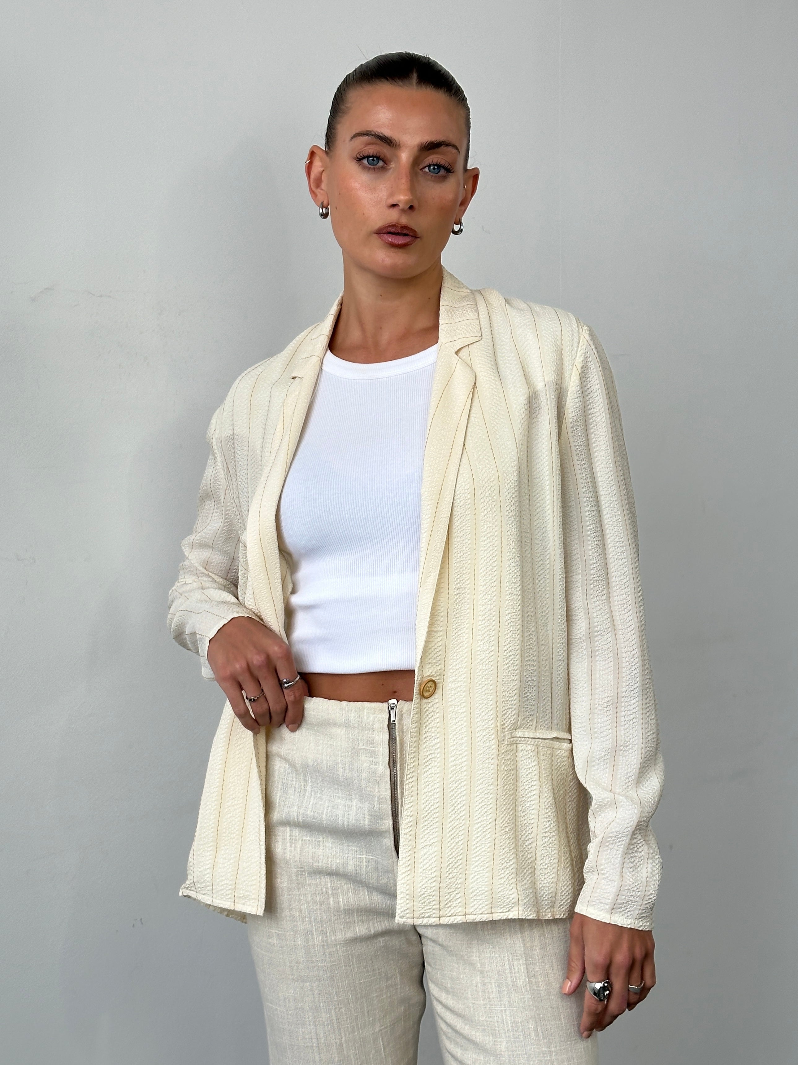 Vintage Italian pure silk stripe blazer with single button closure, men's size M, stylish vintage men's blazer in fabric and pattern detail.