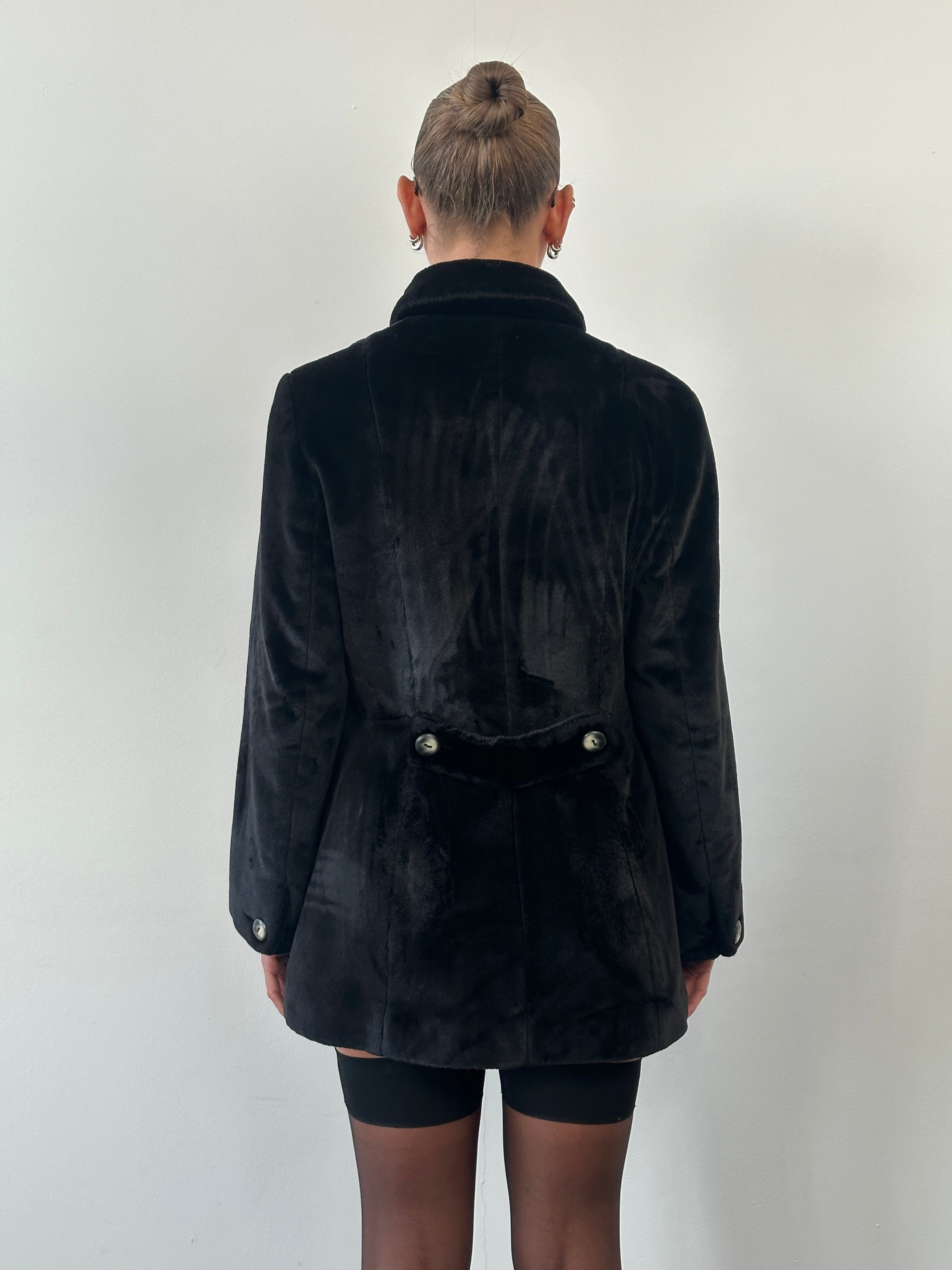 Sportmax 1990s faux fur double-breasted coat in black, featuring wide lapels and a tailored fit, in size M/L.
