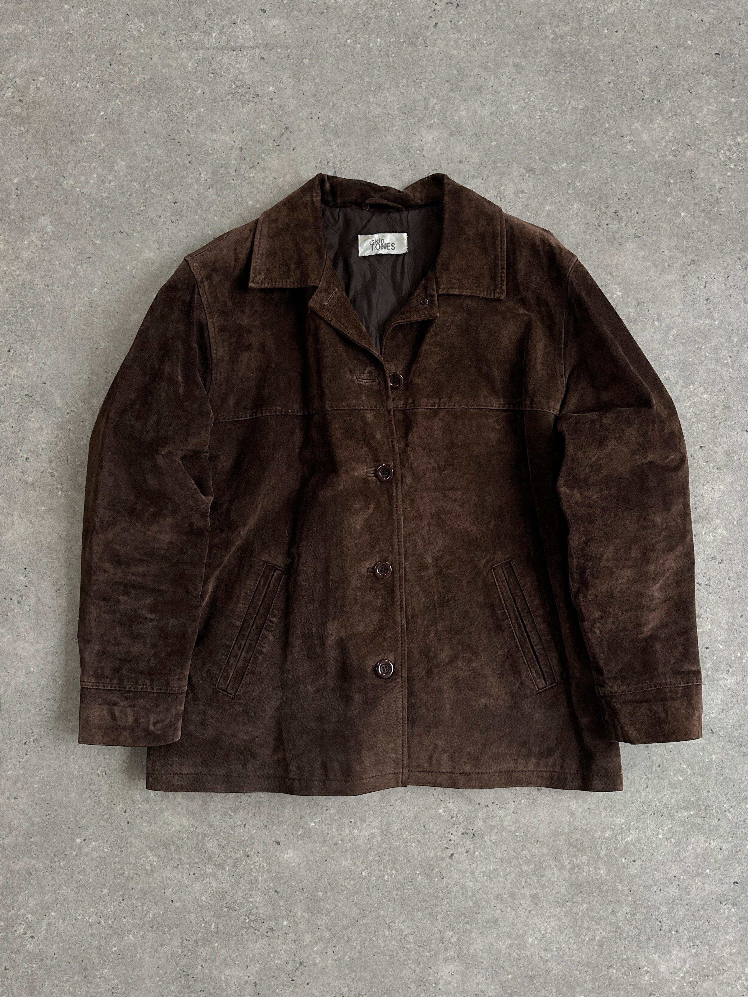 Vintage leather suede jacket in size L, stylish and classic, featuring a soft suede finish and timeless design.
