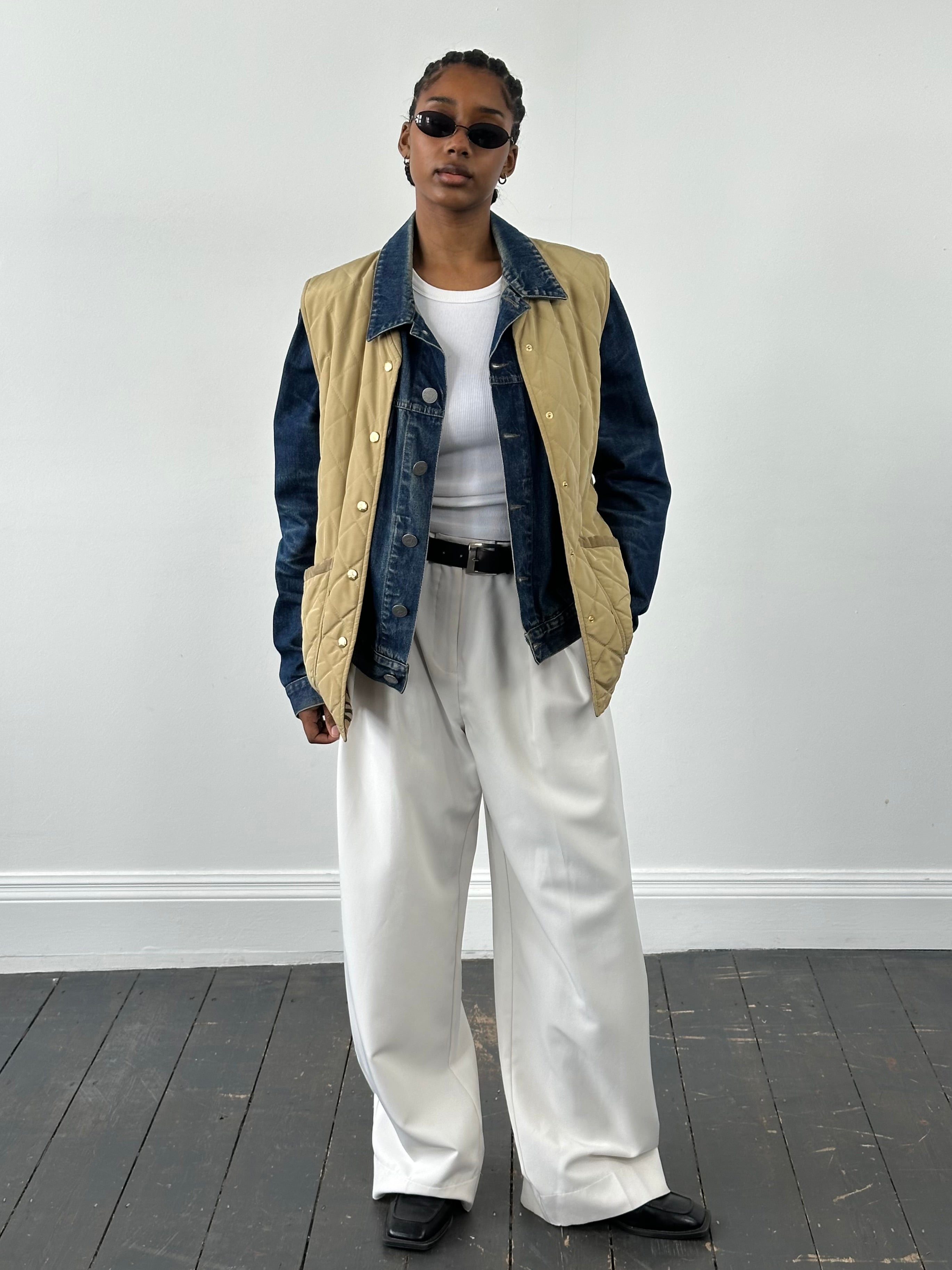 Burberry 1990s nylon bespoke button Nova Check gilet in beige and brown, front view showing button closure and brand details.