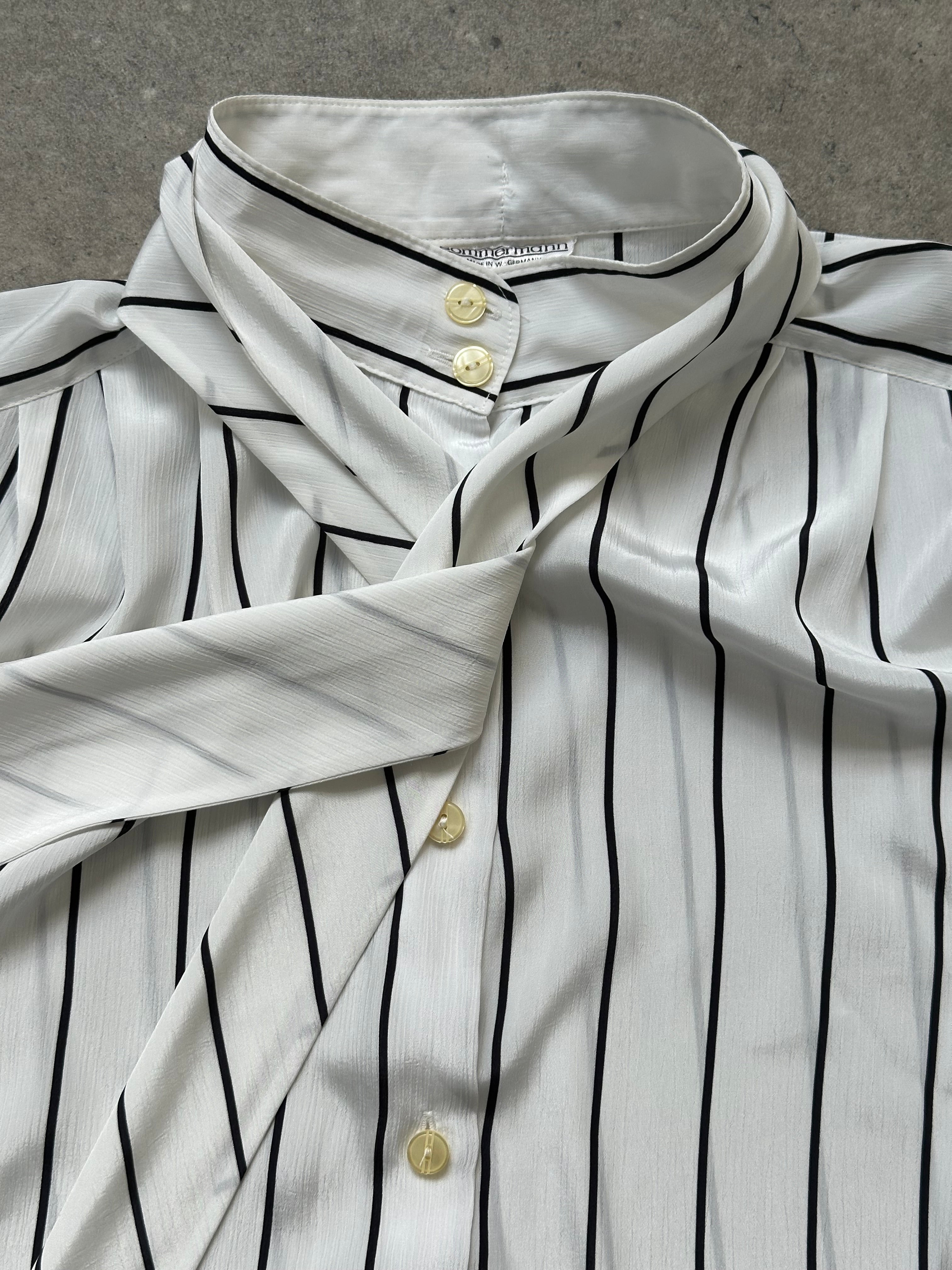 Vintage 1980s sheer stripe tie neck shirt in size M, featuring lightweight fabric and classic collar design.