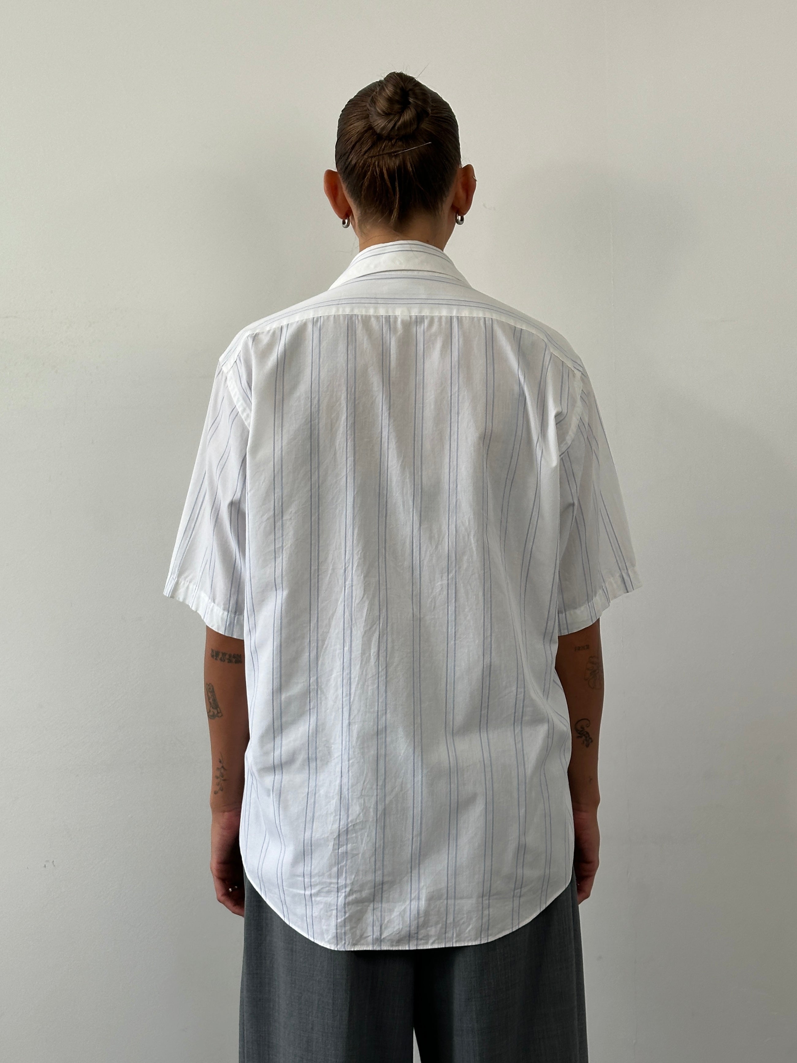 Yves Saint Laurent 80s stripe cotton shirt in size large, featuring bold multicolor stripes and classic button-down design.