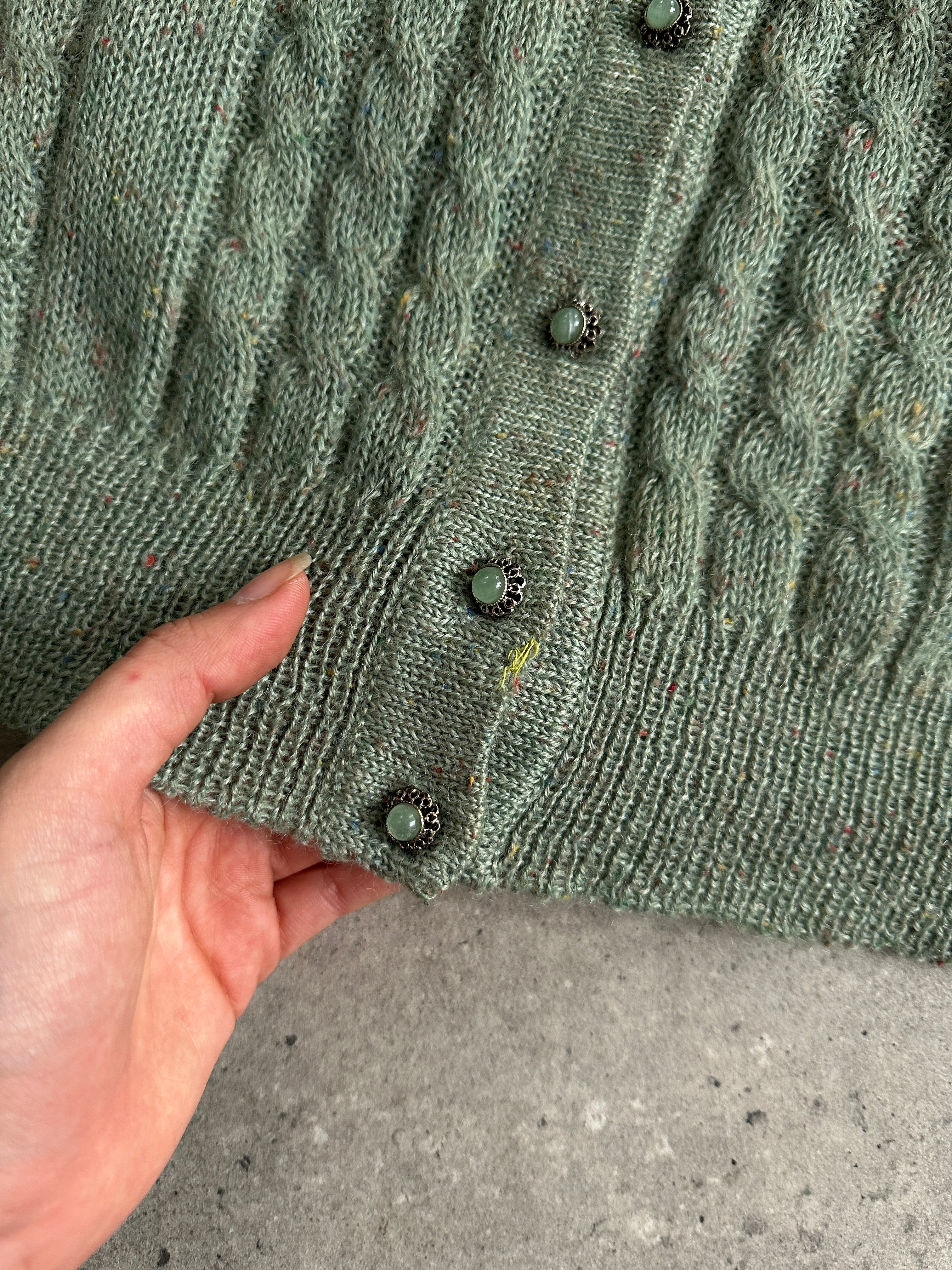 Vintage wool mohair speckle cardigan in size L, featuring a cozy knit with colorful speckle patterns and a classic cardigan design.