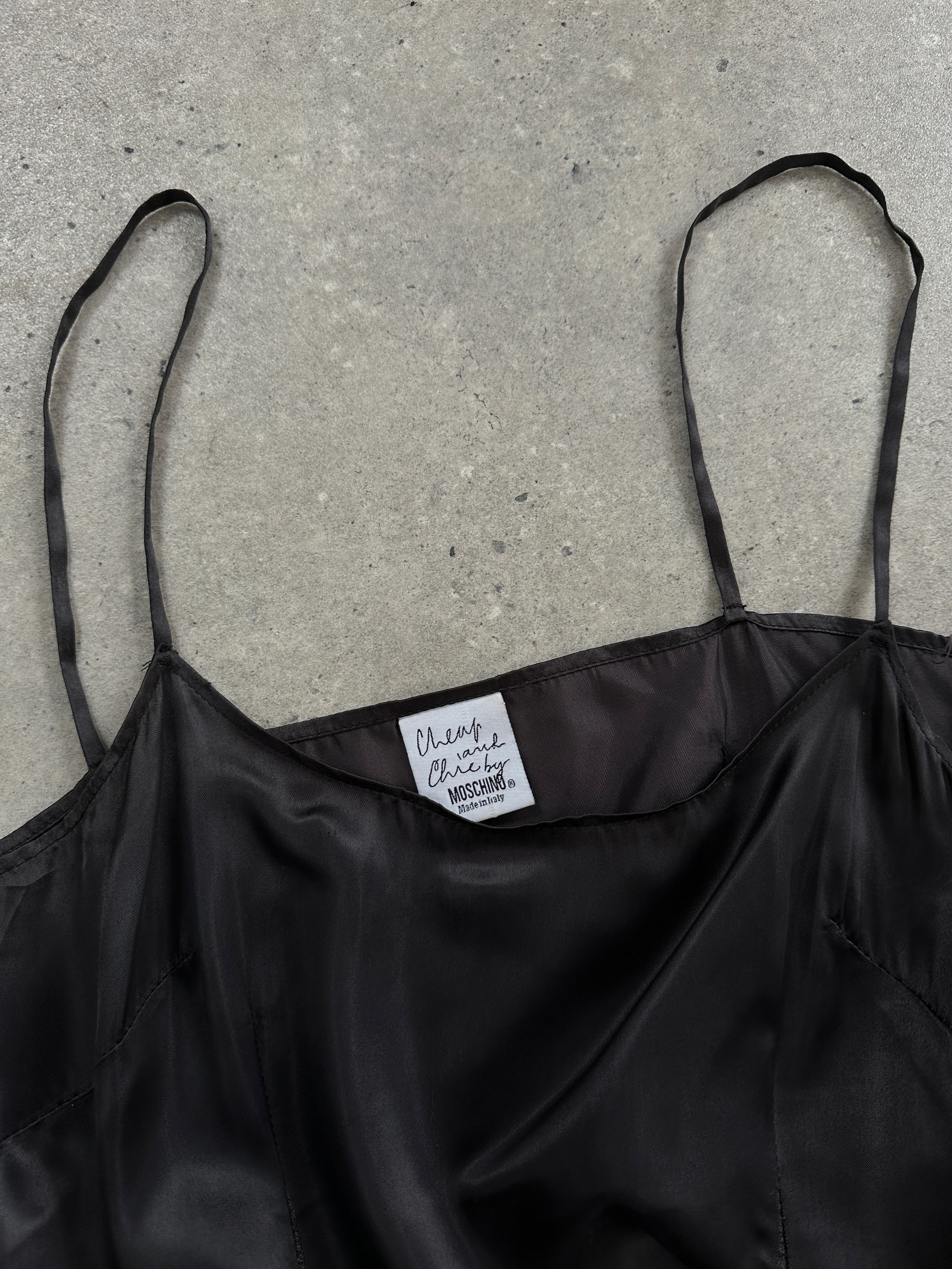 Moschino 1990s Cheap & Chic satin maxi dress in S/M, featuring a flowing silhouette and elegant satin fabric.