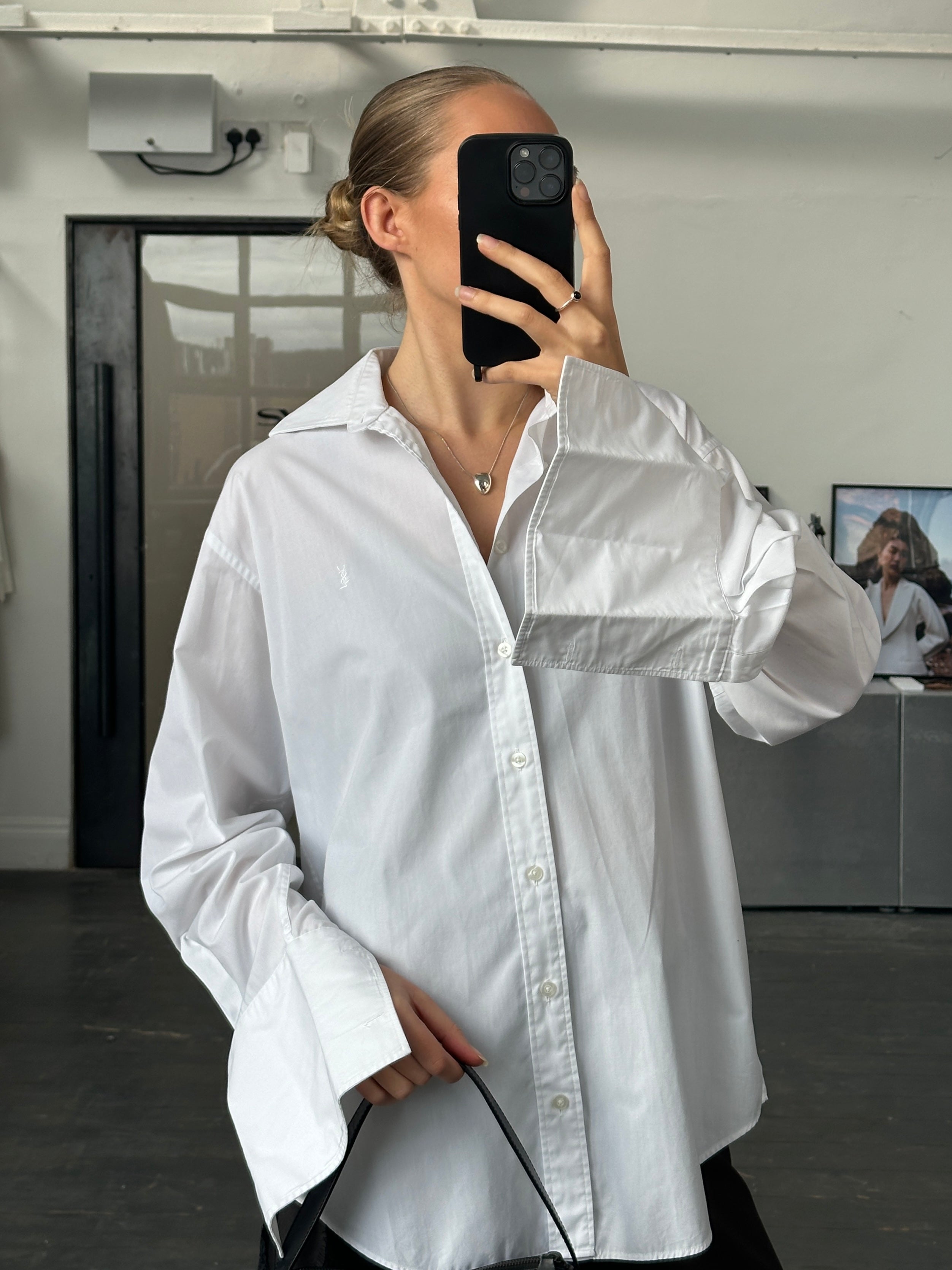 Yves Saint Laurent Pour Homme 1990s cotton logo dress shirt in size L, classic design with embroidered logo on the front.