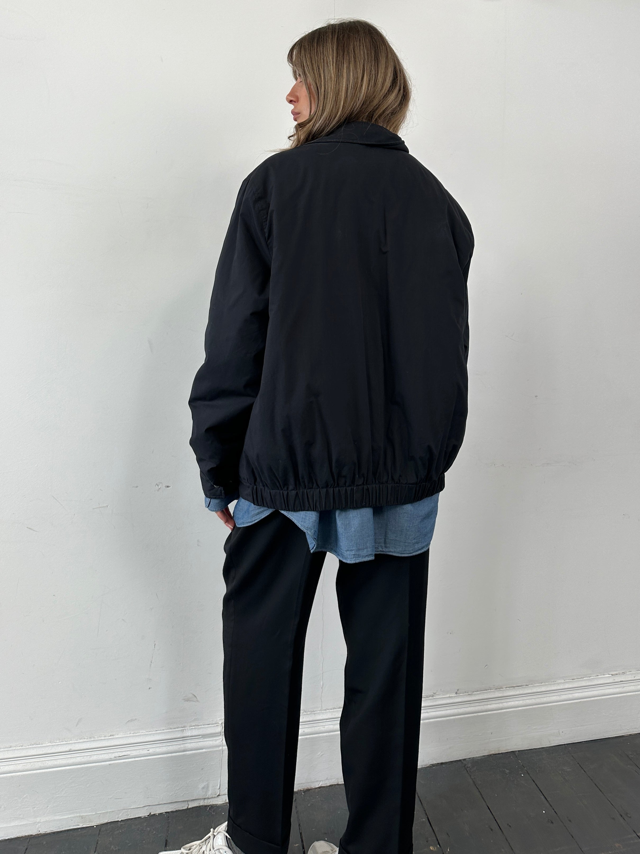 Yves Saint Laurent Pour Homme cotton logo bomber jacket in black, L/XL, featuring front zipper and brand logo detail.