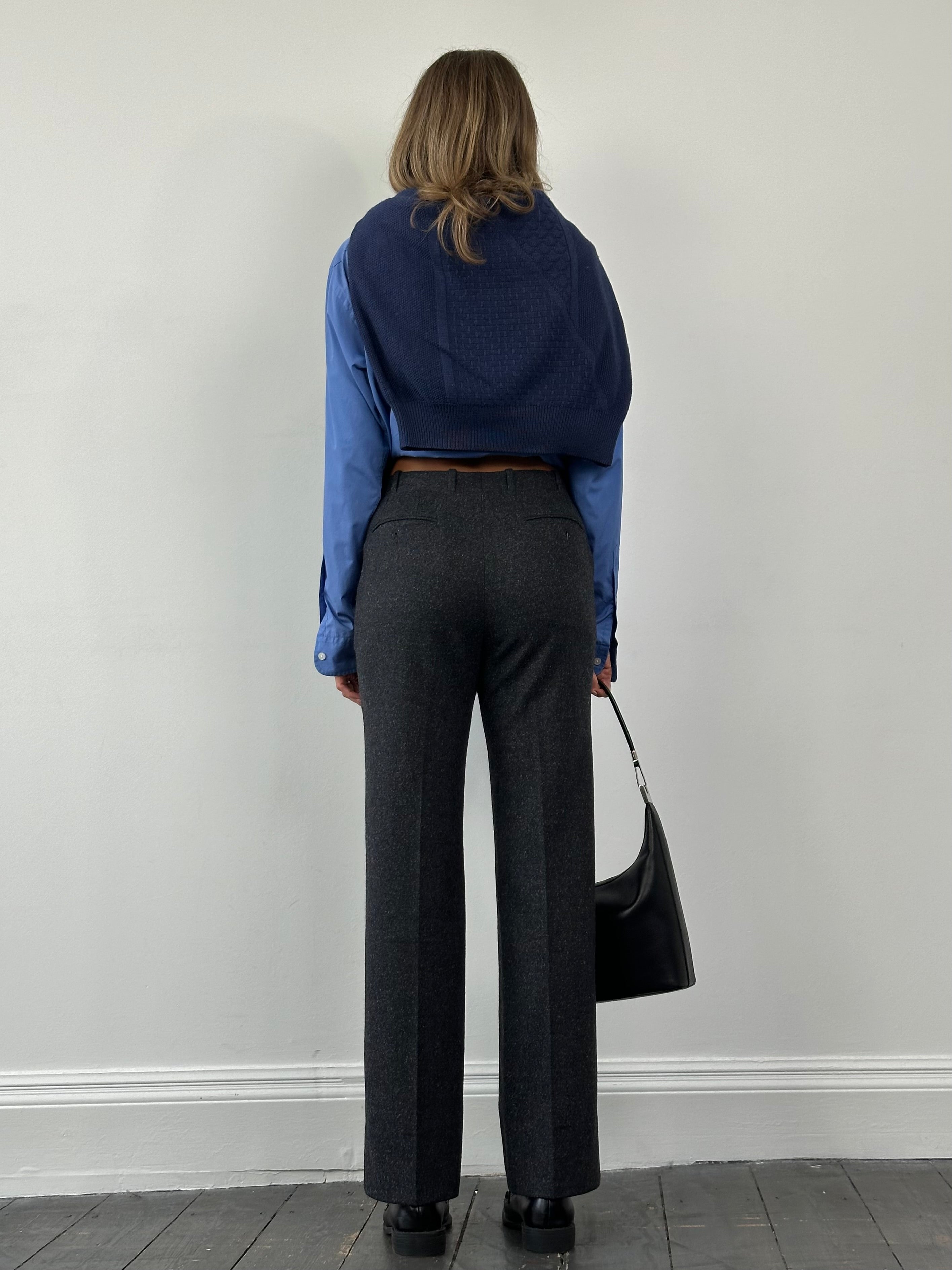 Vintage Italian vintage brushed wool cashmere tailored trousers in size W28, showing a classic fit and fine fabric details.