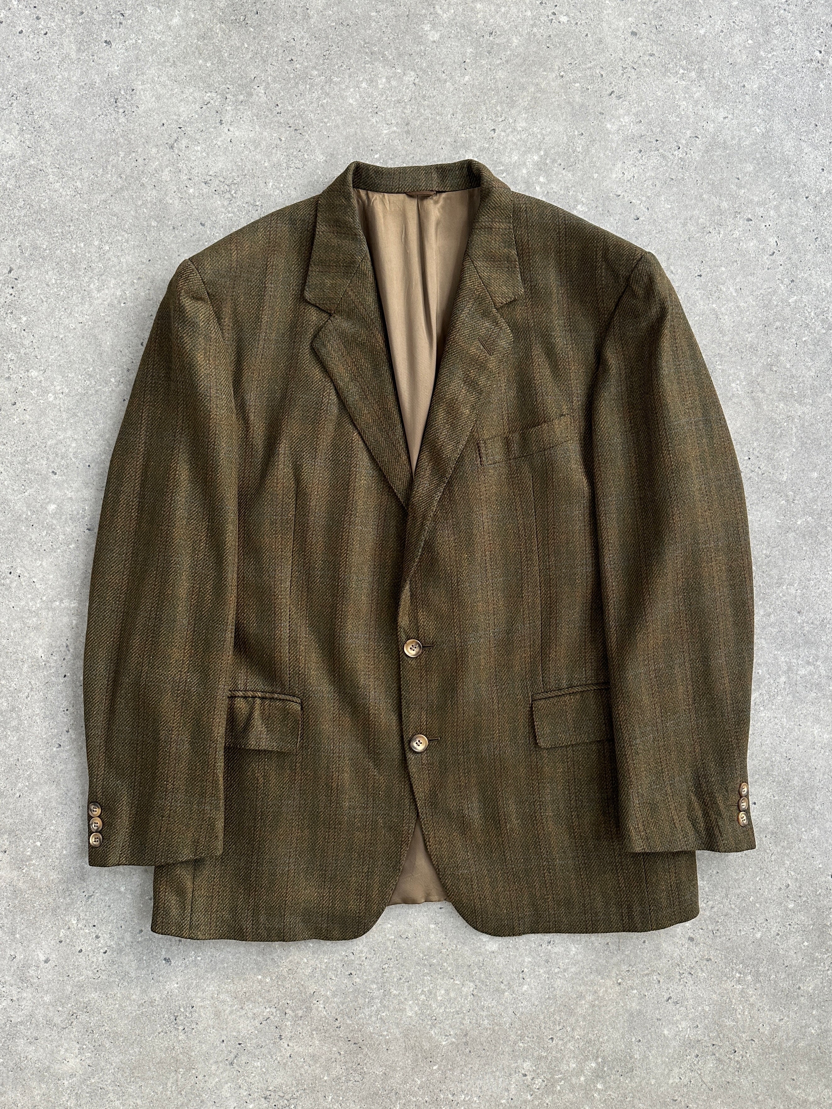 Loro Piana Del Mare 1911 wool cashmere check blazer in size 44R/XL, tailored fit with classic check pattern, front button closure.
