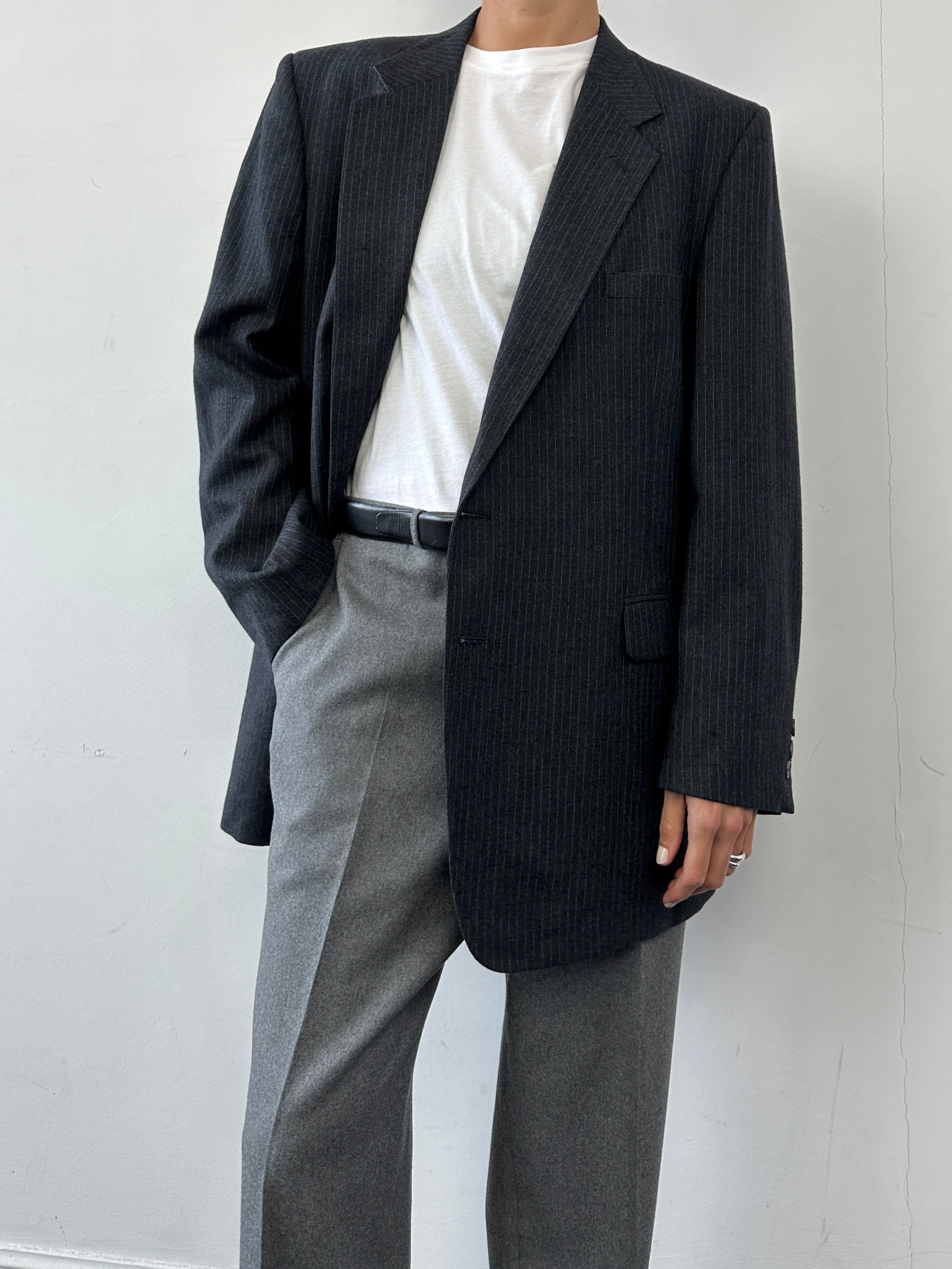 Givenchy pinstripe pure wool single-breasted blazer in size L/XL, featuring classic lapels and tailored fit.