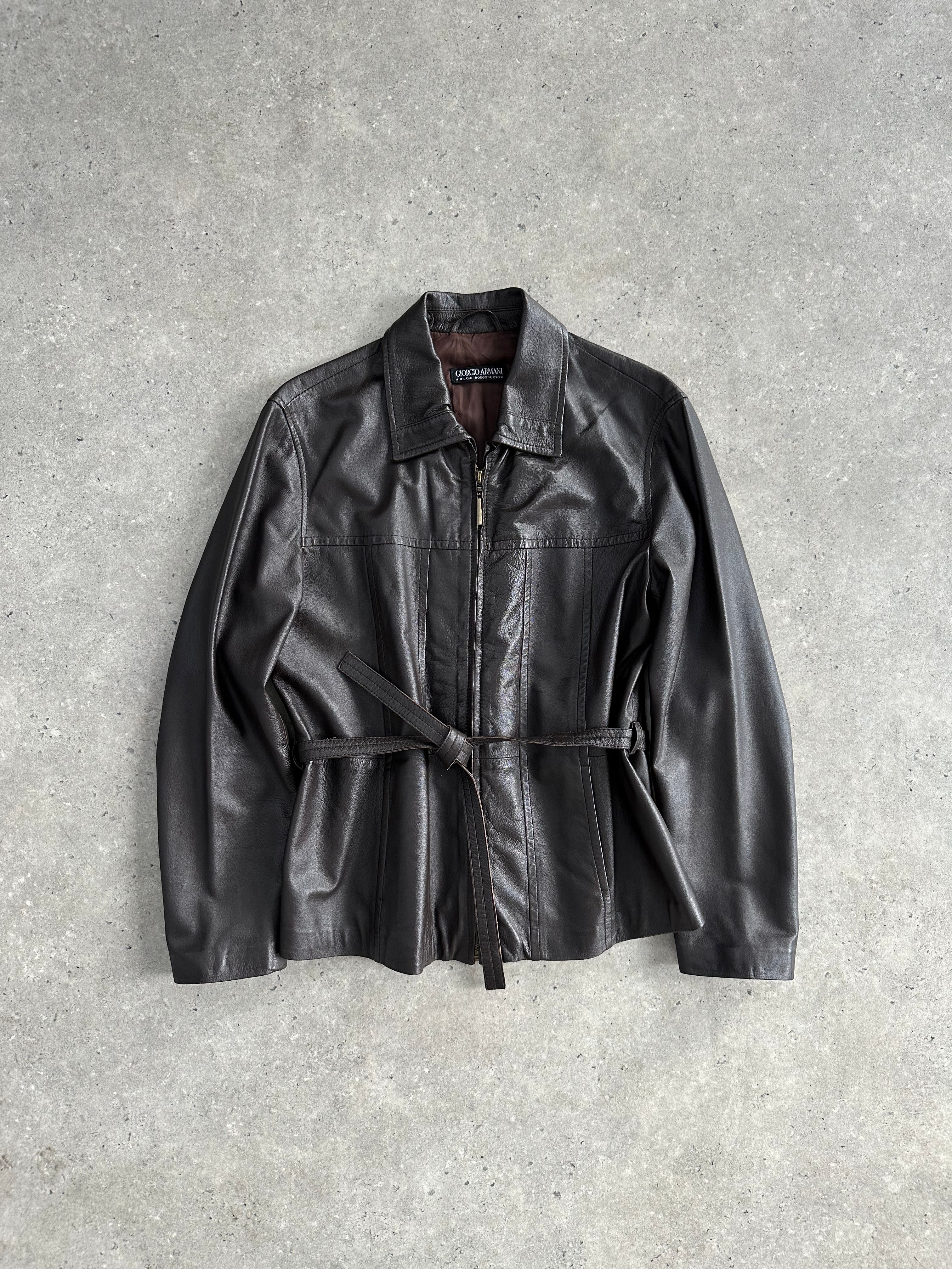 Giorgio Armani Black Label leather jacket with belted waist, black color, and classic design, shown on a hanger.