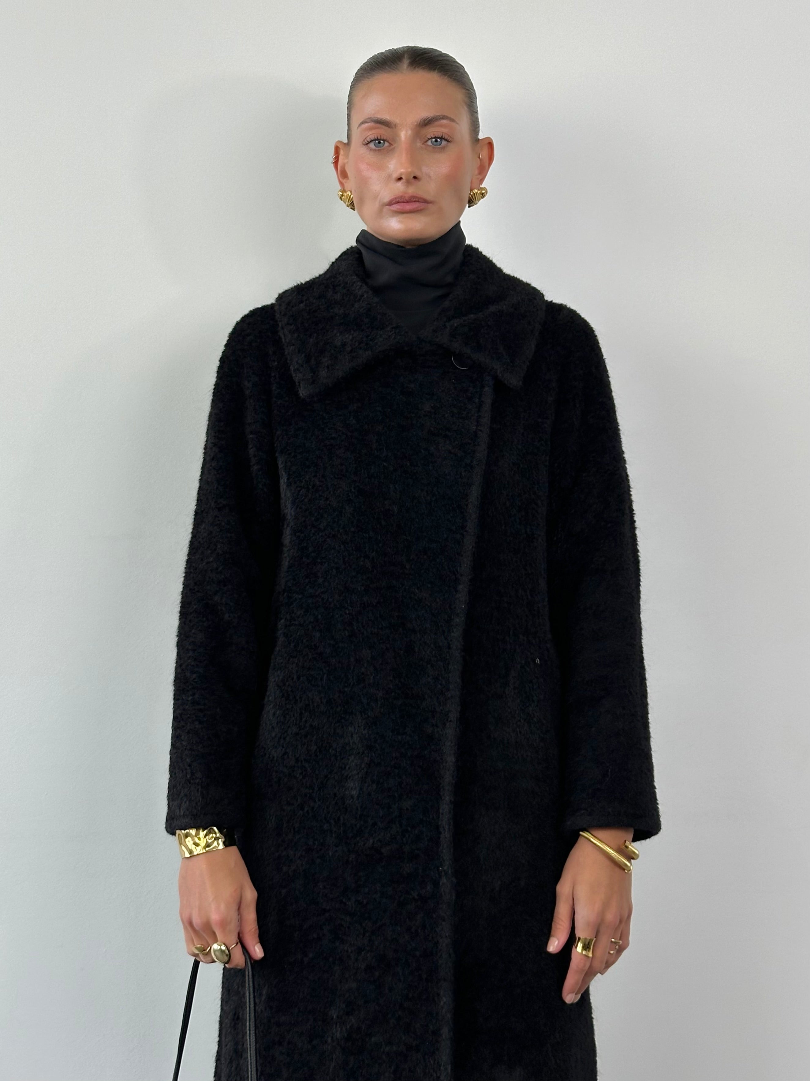 Max Mara Teddy alpaca wool coat in S/M, beige color, plush texture, classic collar, and cozy design for cold weather.