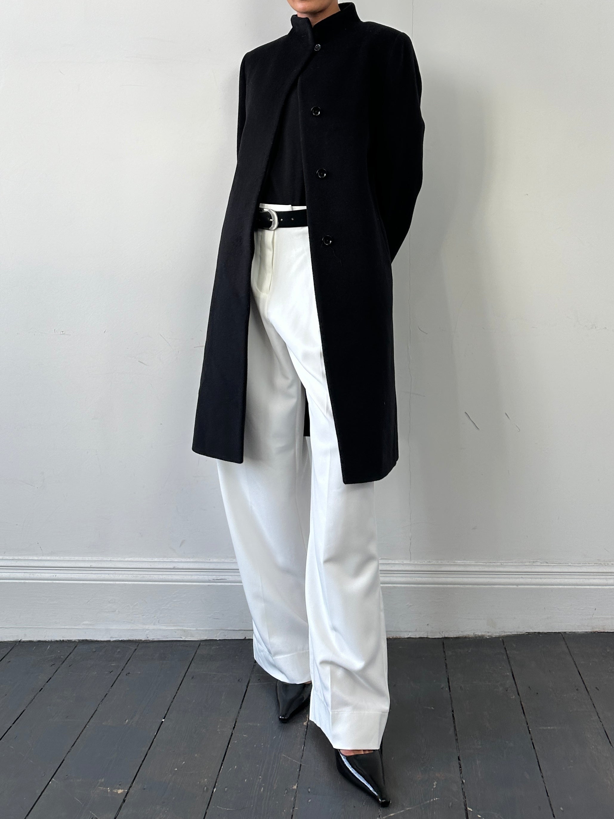 Cinzia Rocca minimal high neck pure wool coat in beige, front view showing clean lines and tailored fit.