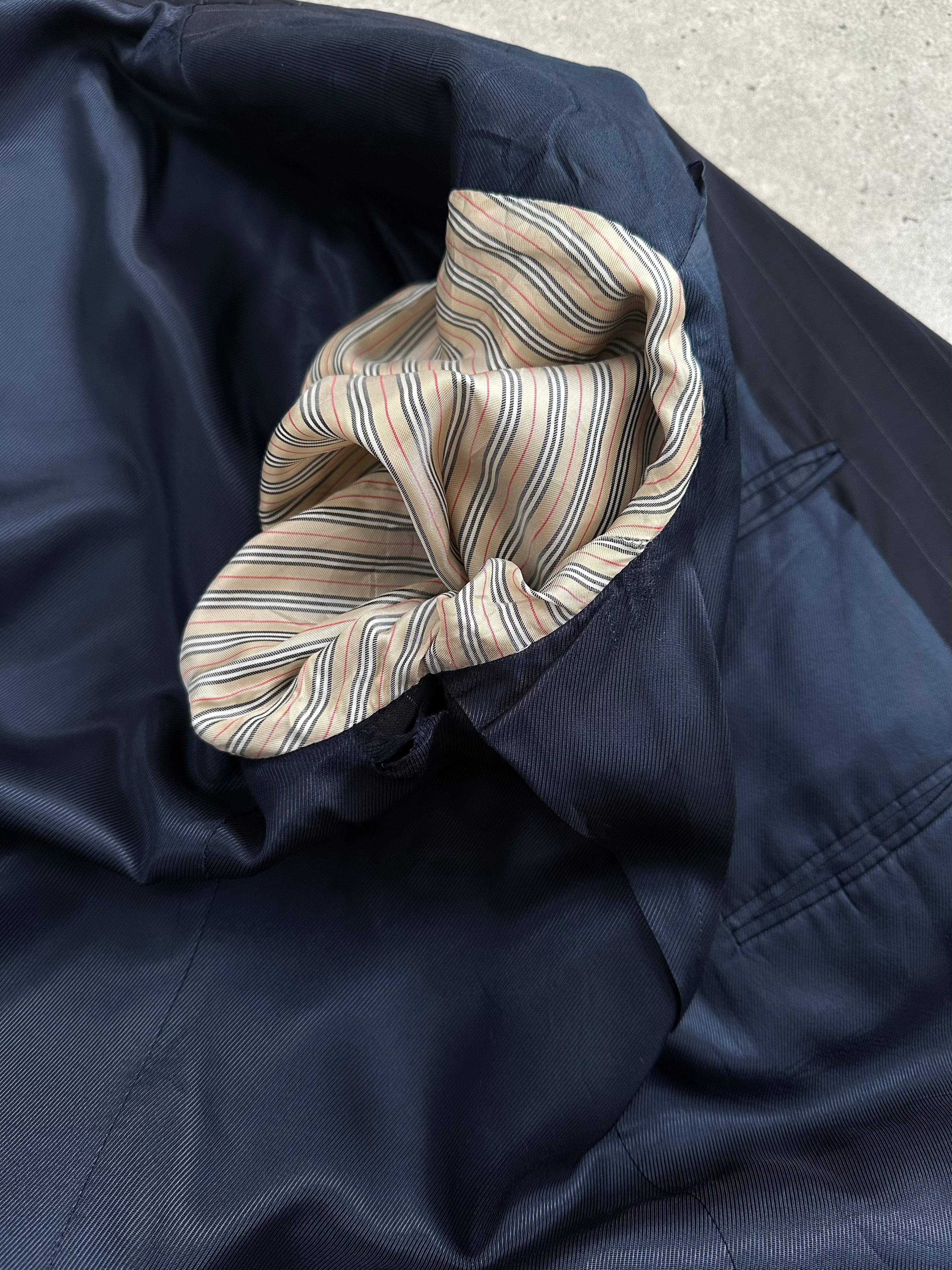 Burberry London 2000s wool striped single-breasted blazer, size 48R/XXL, featuring classic tailored fit and signature check pattern.