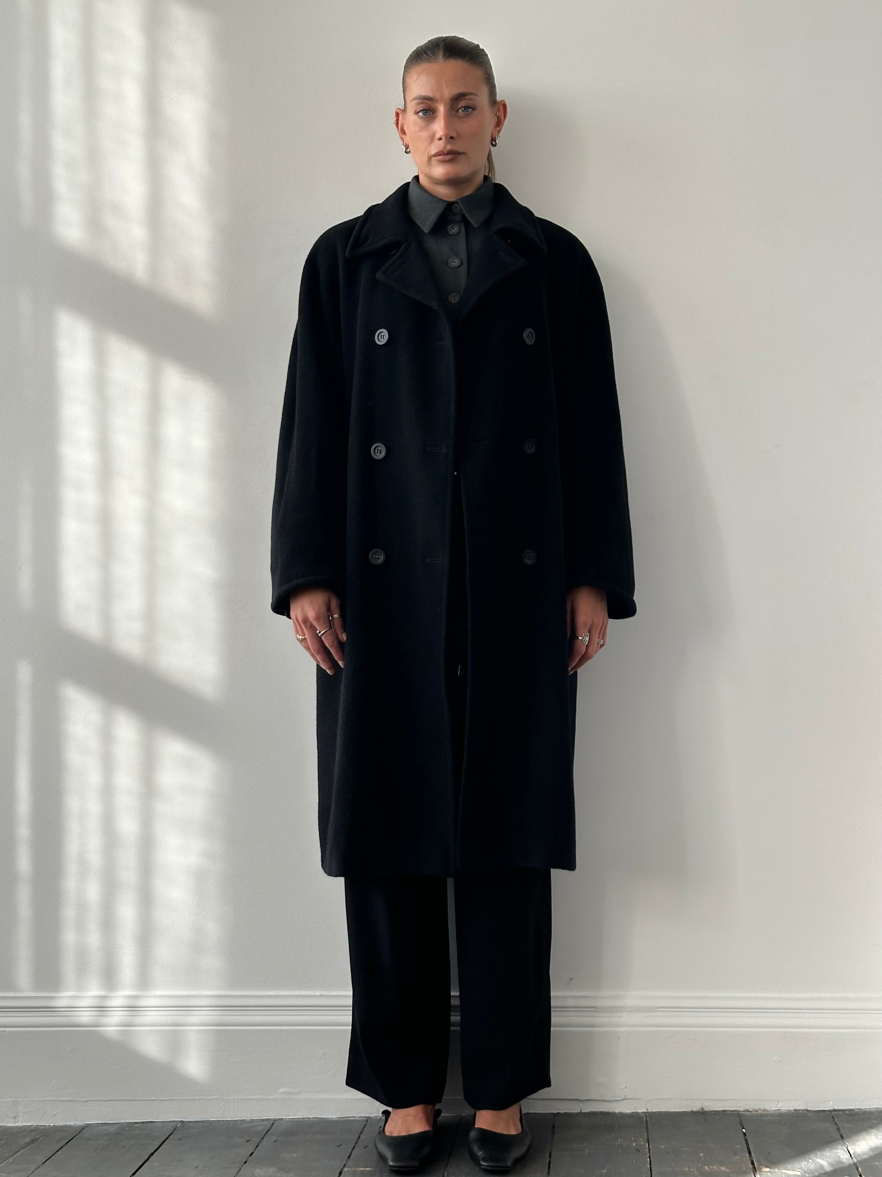 Marella virgin wool cashmere double-breasted coat in XL, shown in a stylish front view with lapels and button details.