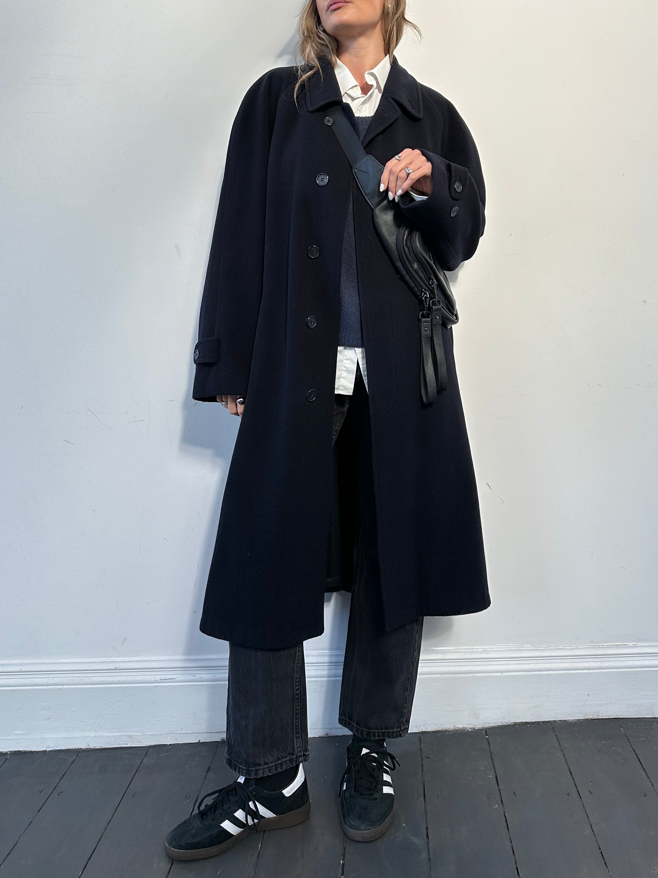 Vintage pure wool belted coat with concealed placket in XL size, showcasing classic style and warm, textured fabric.