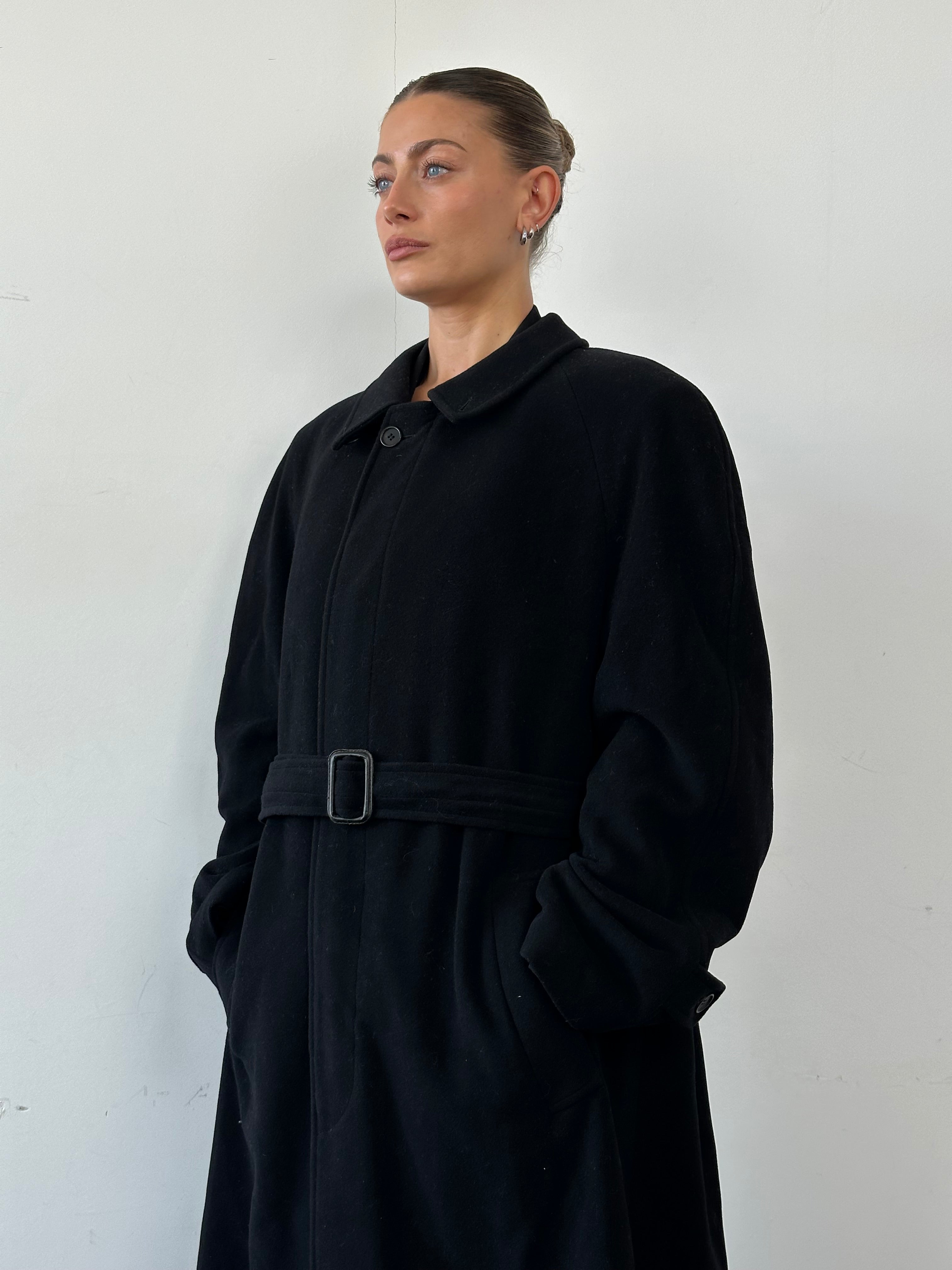 Giorgio Armani Le Collezioni wool coat in XXL with belt, tailored design, and classic style, perfect for cold weather.
