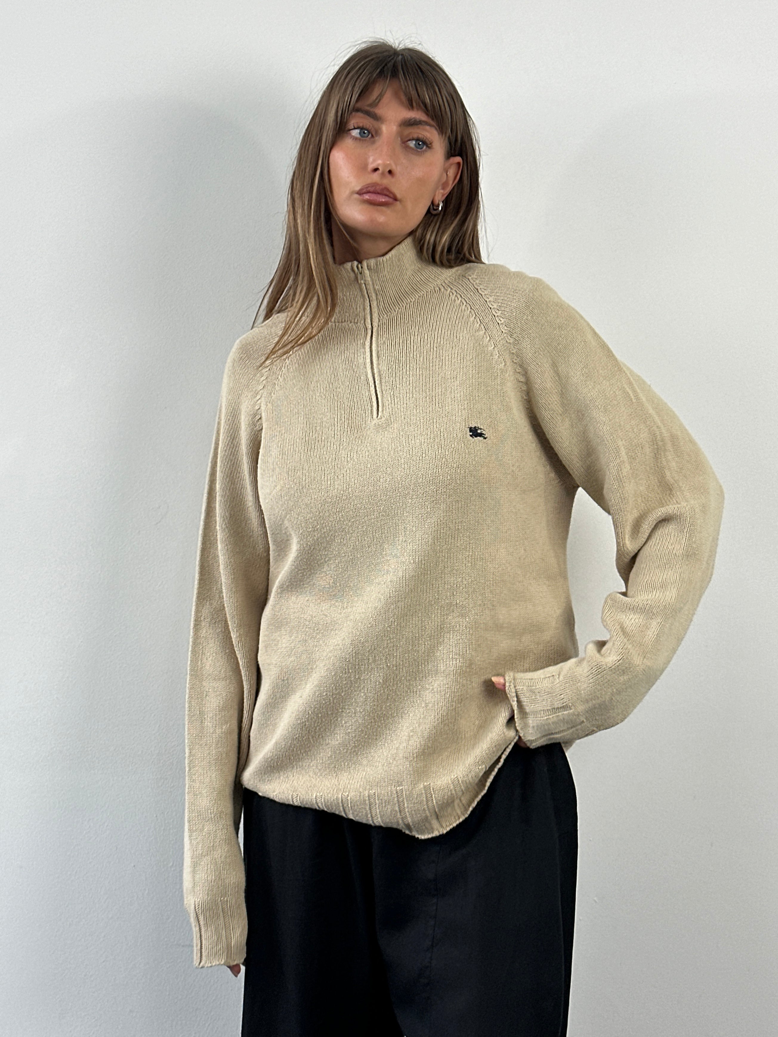 Burberry London 2000s pure cotton quarter zip jumper in XL, featuring a classic design and visible collar and zipper details.