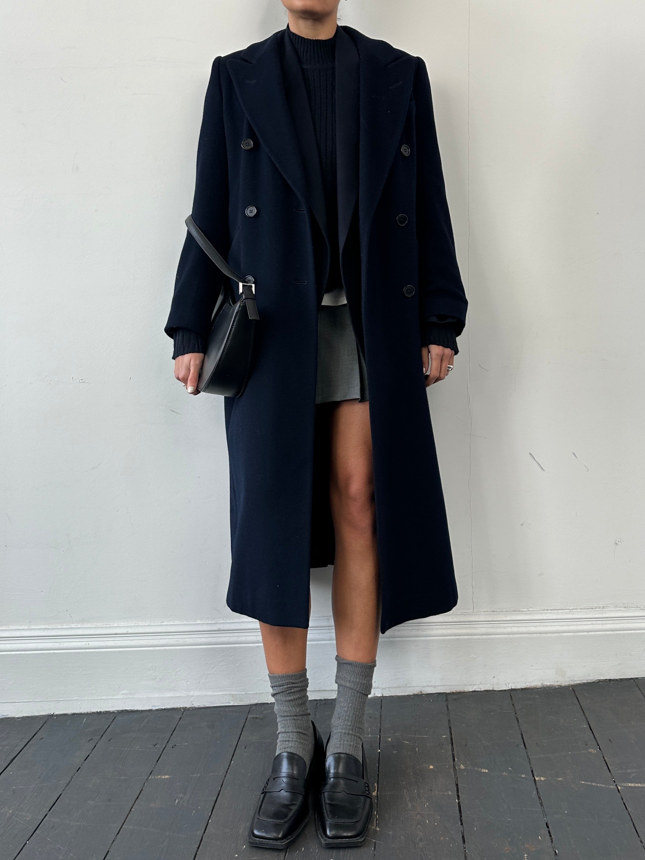 Vintage wool and cashmere double-breasted coat in size small, featuring classic design and tailored fit.