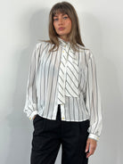 Vintage 1980s Sheer Stripe Tie Neck Shirt - M - SYLK