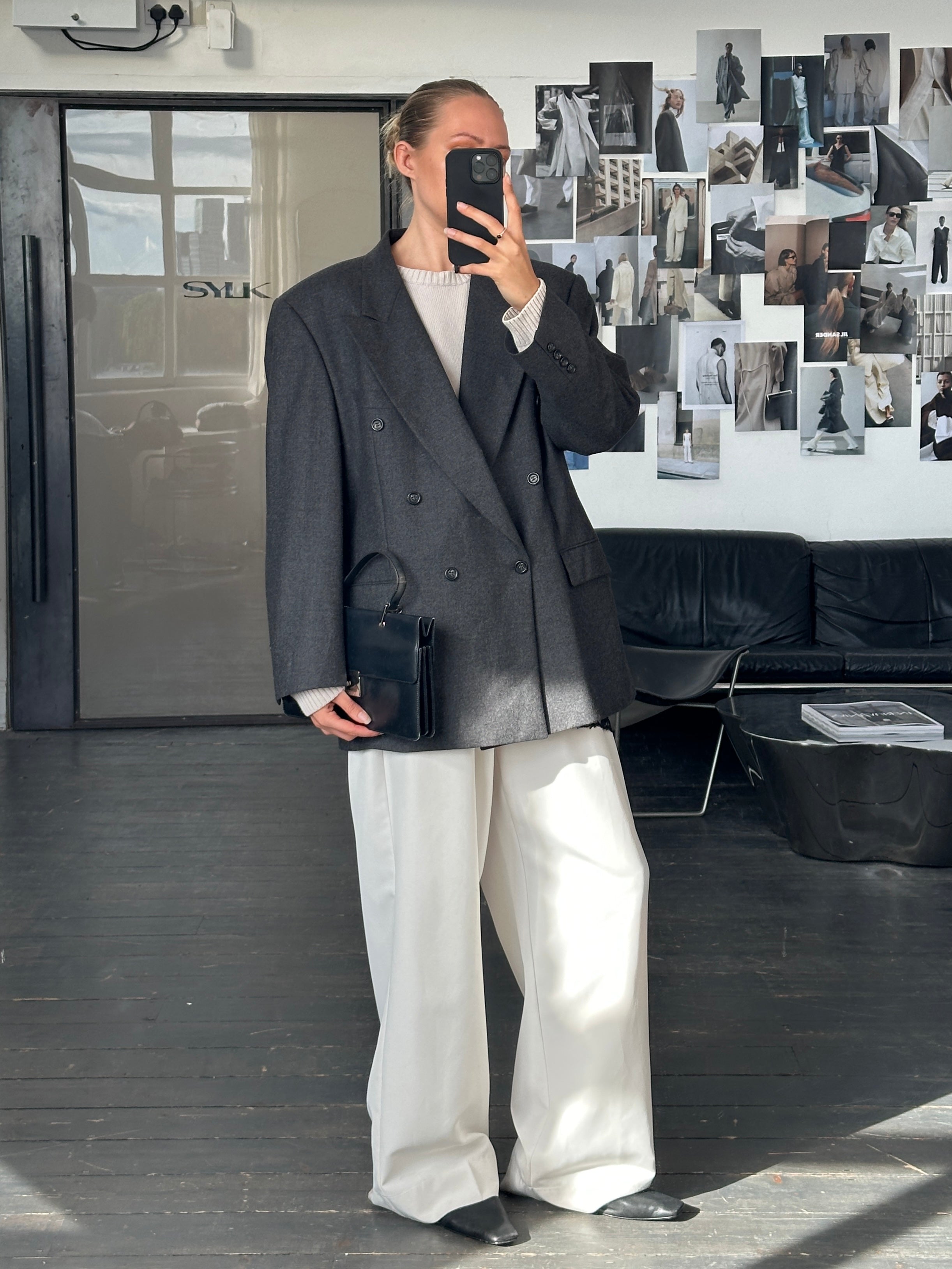 Daniel Hechter x Loro Piana 1990s brushed wool double-breasted blazer, size 42R/XL, showing tailored fit and textured fabric.
