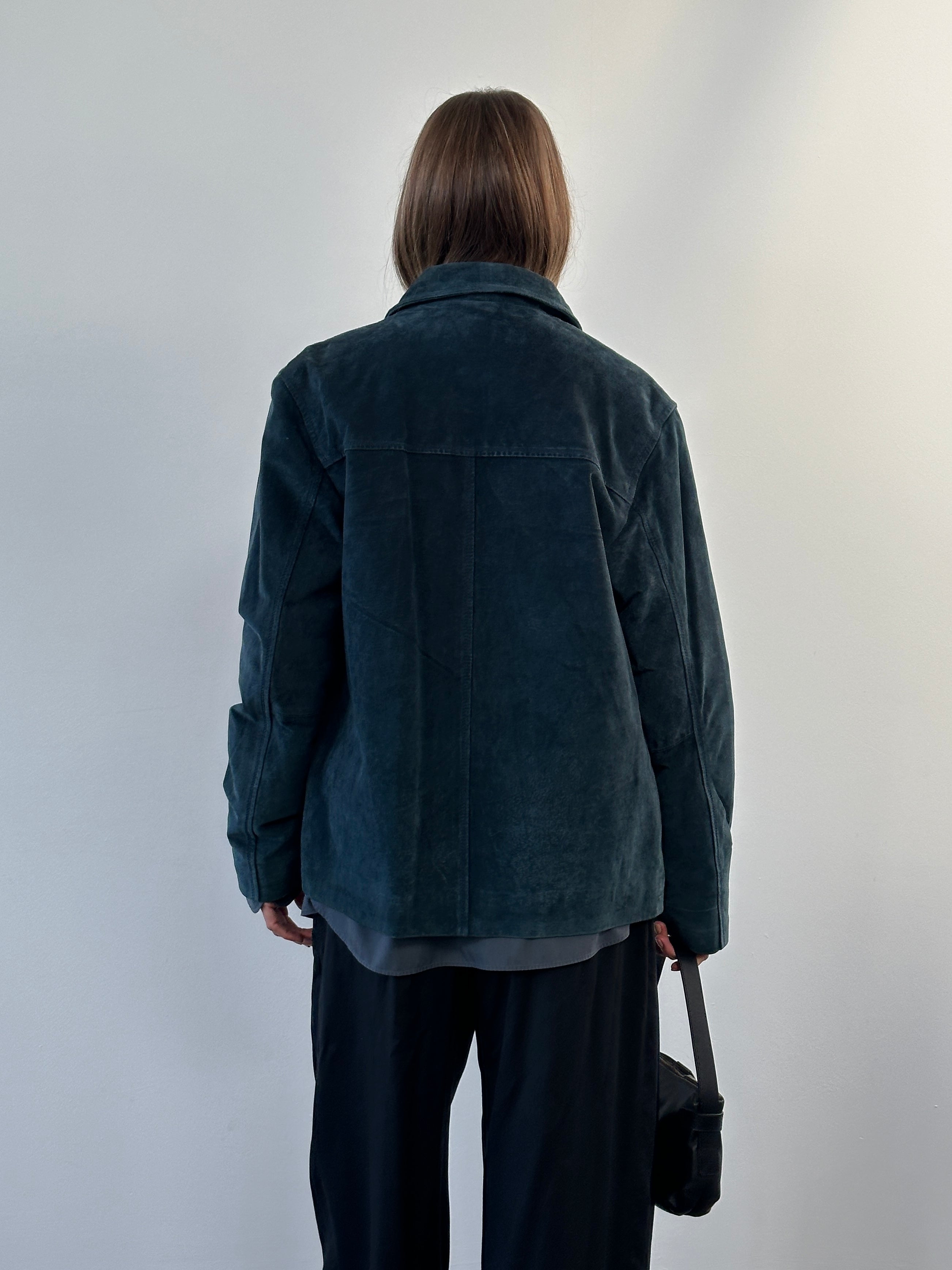 Balmain Paris 1990s suede zip leather jacket in size L, featuring a sleek design and classic zip closure.