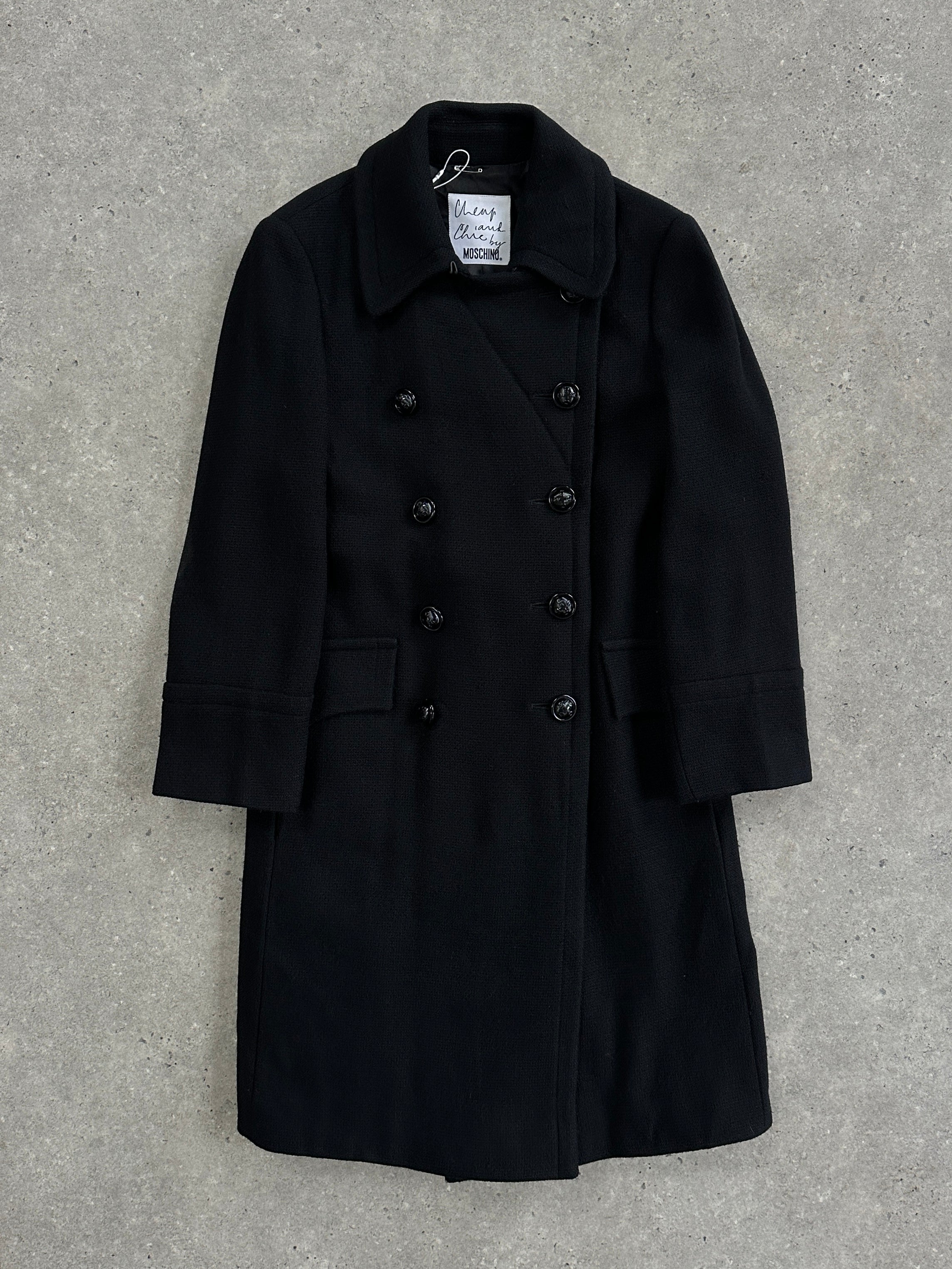 Moschino Cheap & Chic double-breasted coat in size M, stylish wool coat with classic lapel collar and button closure.