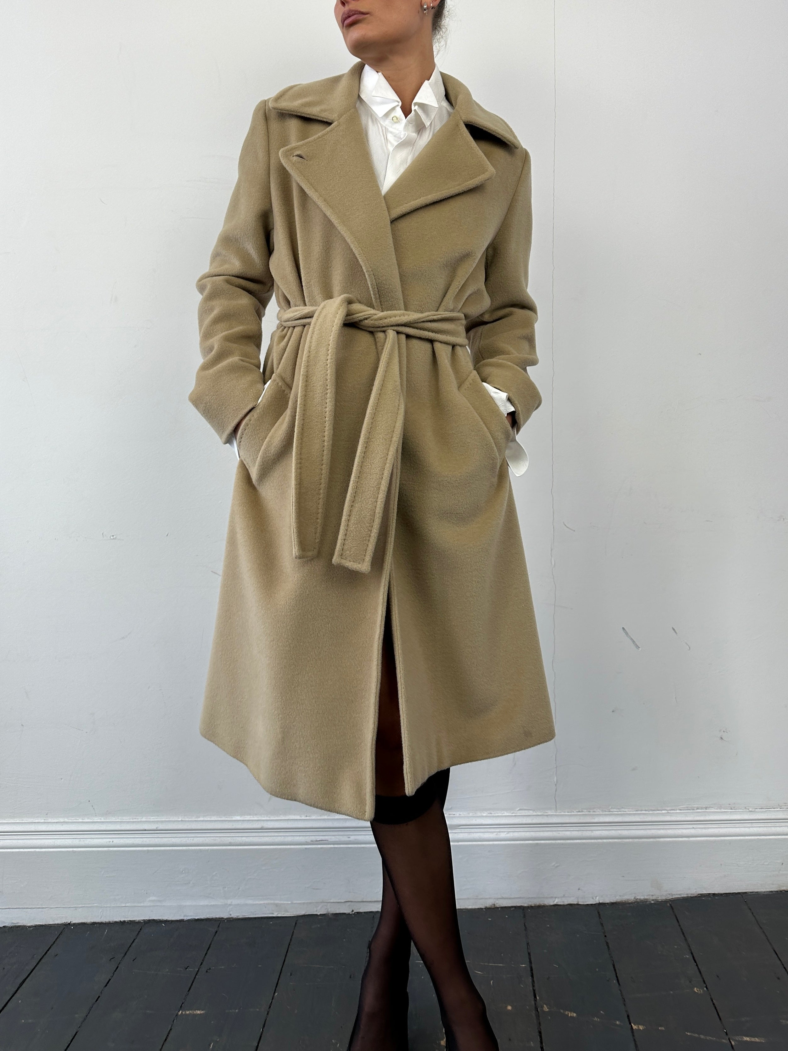 Marella Virgin Wool Cashmere Belted Wrap Coat in neutral color, front view showing collar, belt, and tailored design