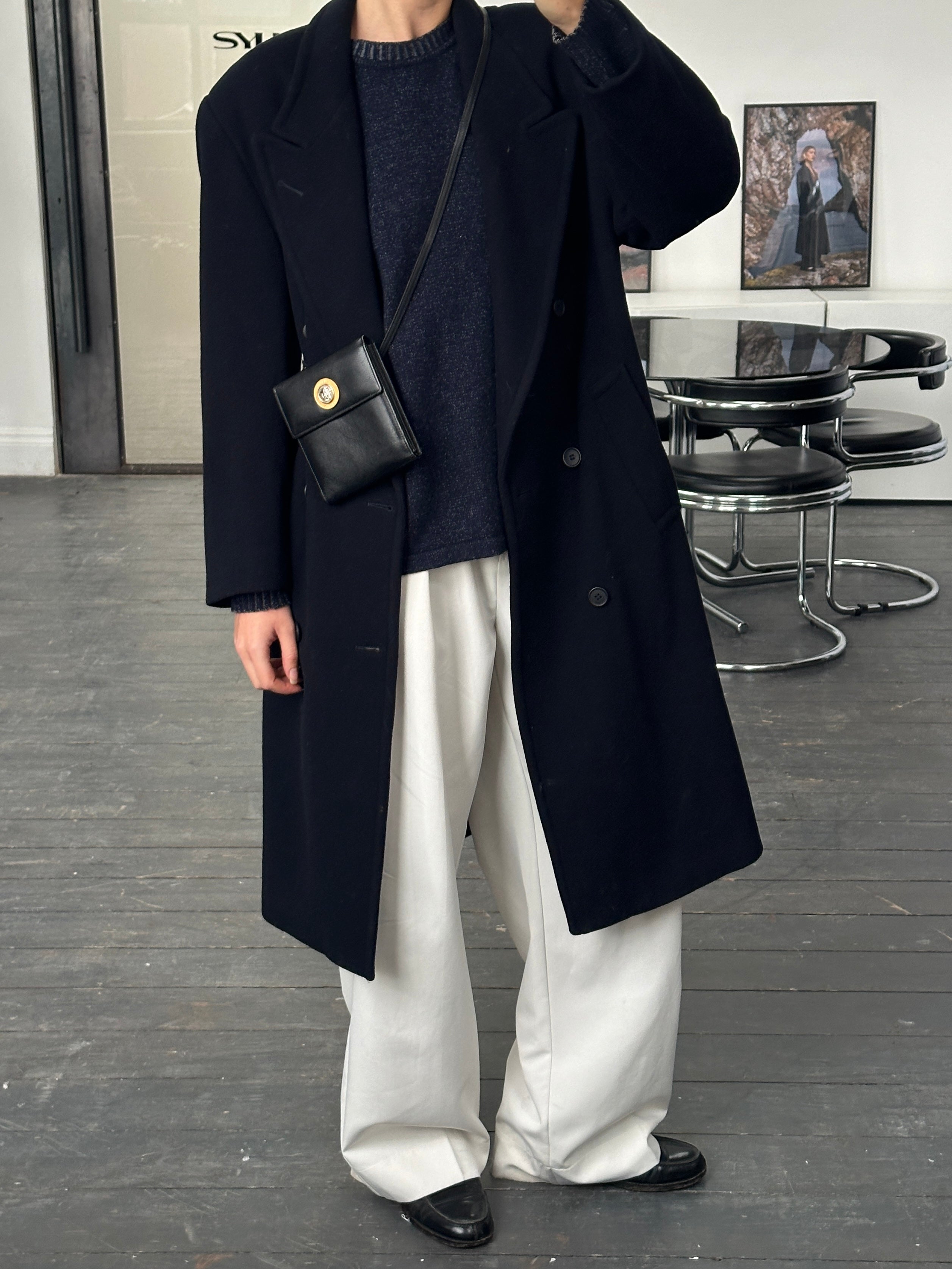 Vintage 1990s wool cashmere double-breasted belted coat in size L, showcasing classic style and luxurious fabric.