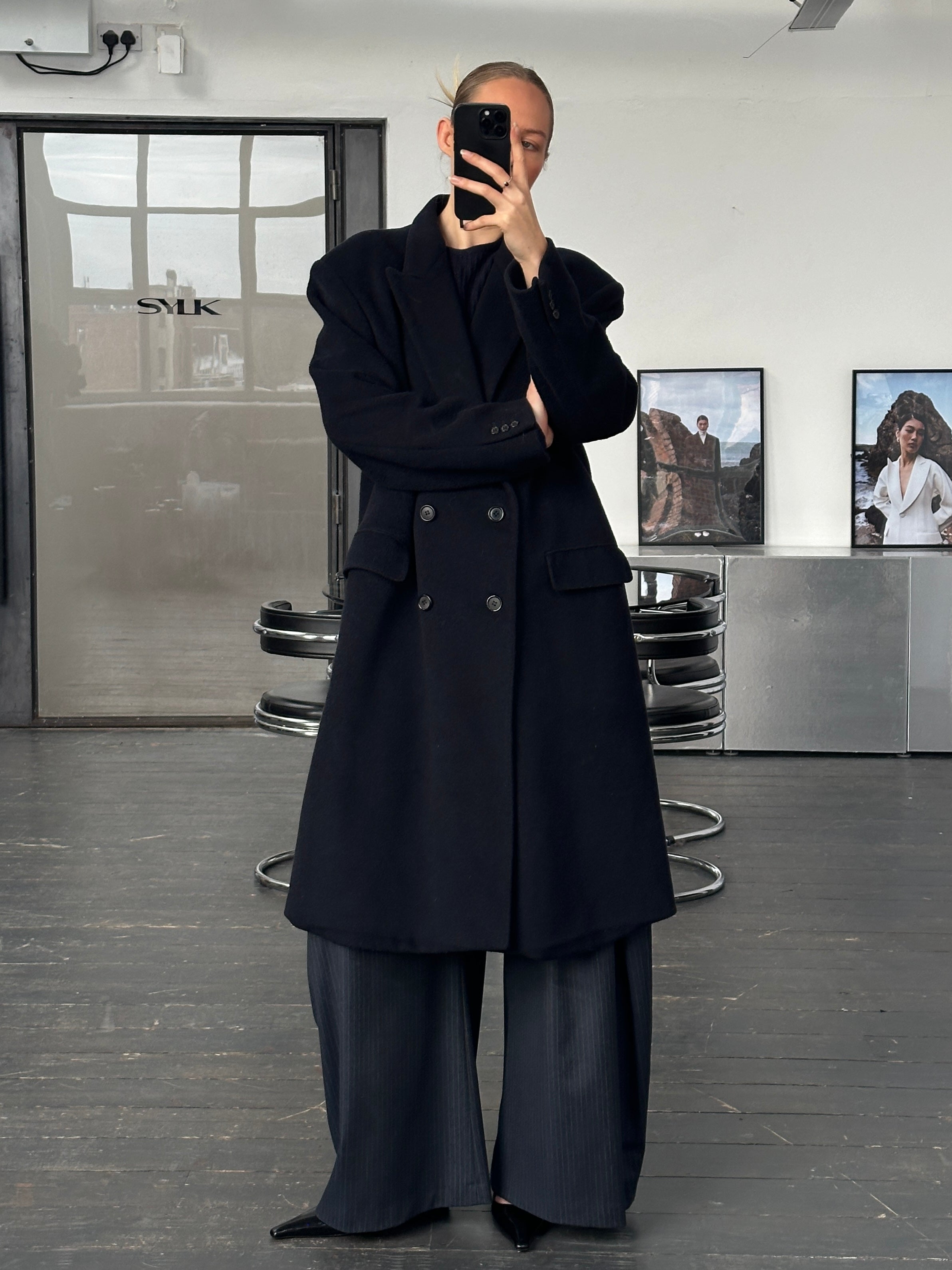Vintage 1990s wool cashmere double-breasted coat in XXL, featuring classic style and warm fabric, displayed on a hanger.