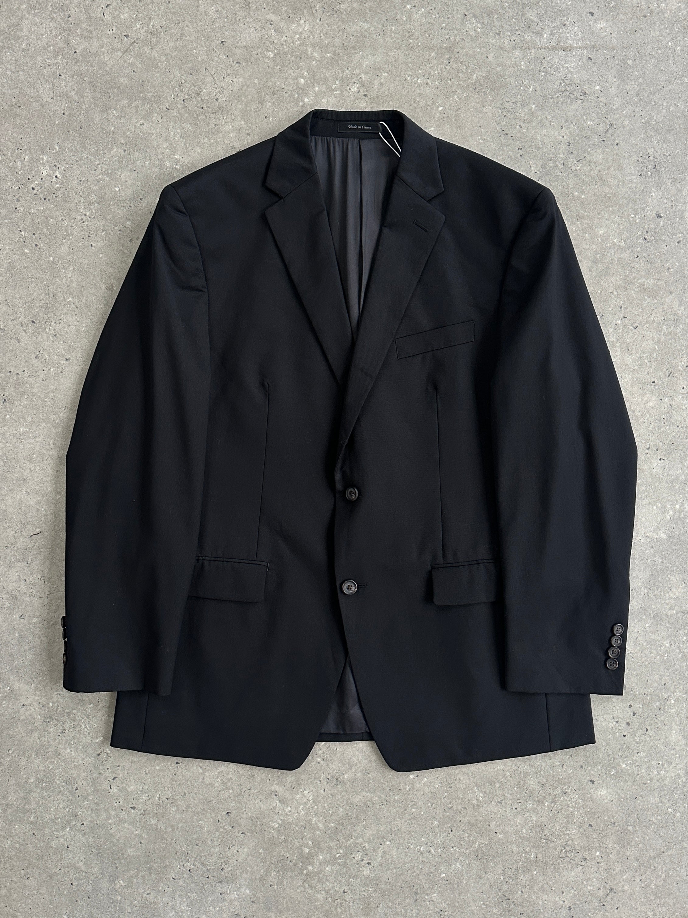 Ralph Lauren pure wool single-breasted blazer in size 42R/XL, dark navy color, tailored fit, with notch lapel and front buttons.