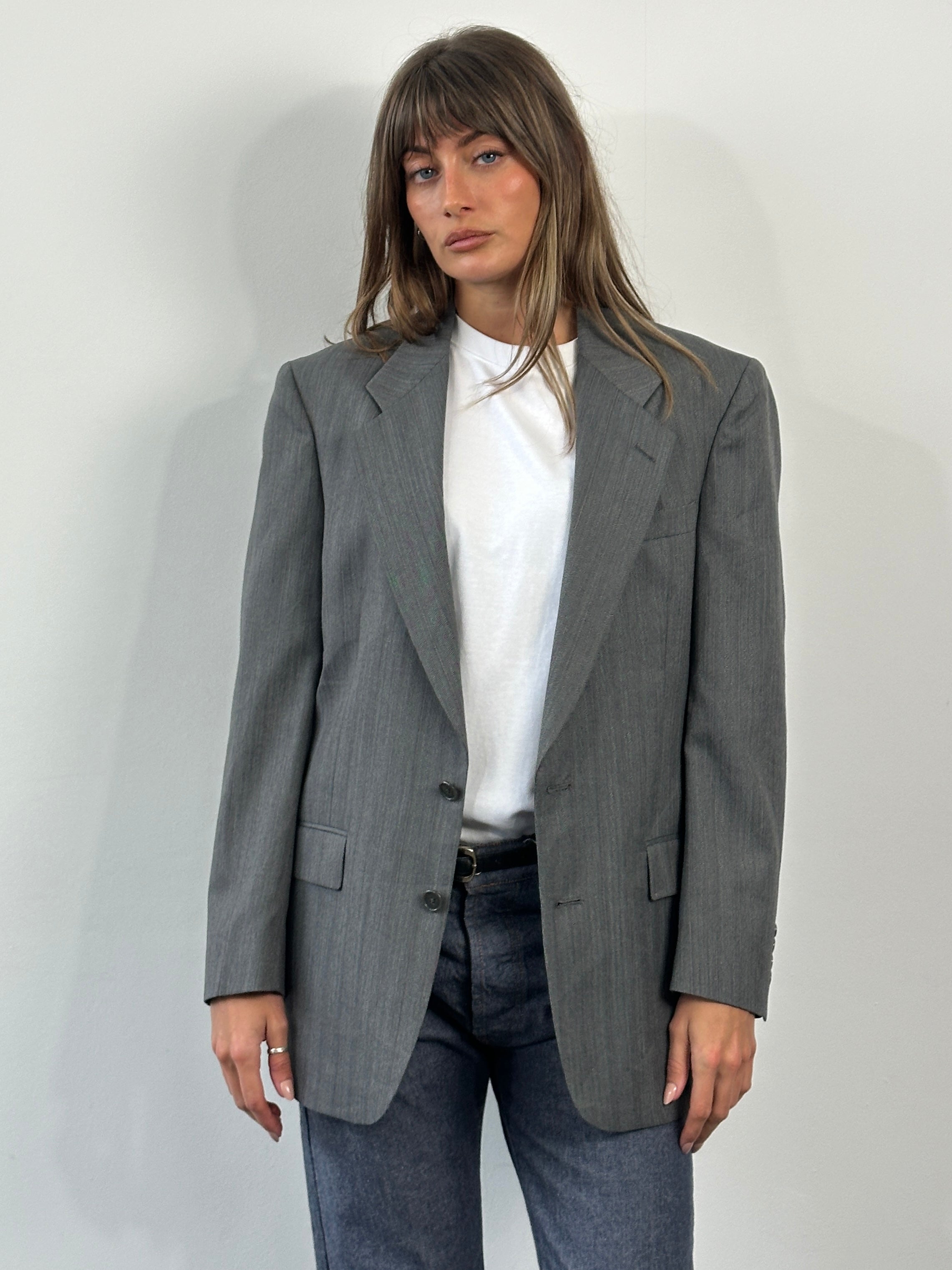 Christian Dior Monsieur 1980s pure wool stripe blazer, size 39R/M, featuring classic tailored fit with navy and white vertical stripes.