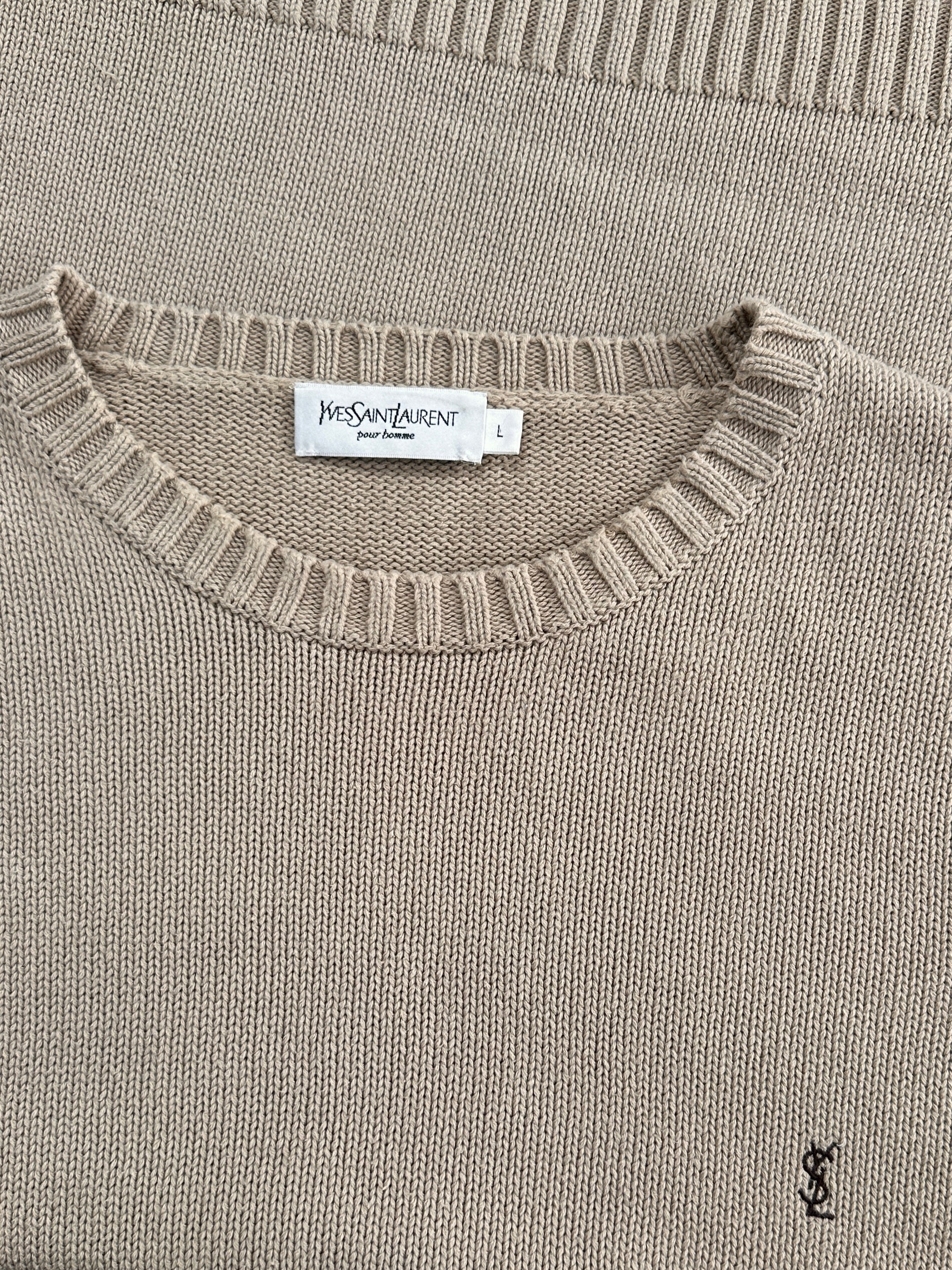 Yves Saint Laurent men's white cotton knitted logo jumper in XL, featuring a subtle YSL embroidered logo on the chest.