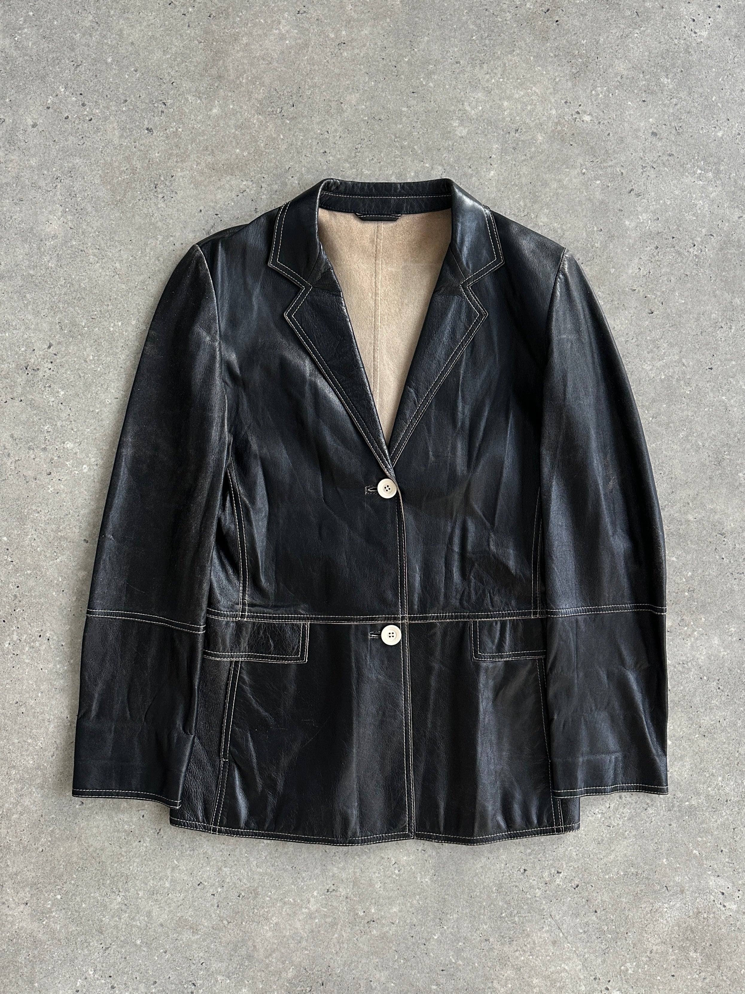 Marella contrast stitch leather jacket in size S, showcasing stylish design and detailed stitching on a high-quality black leather jacket.