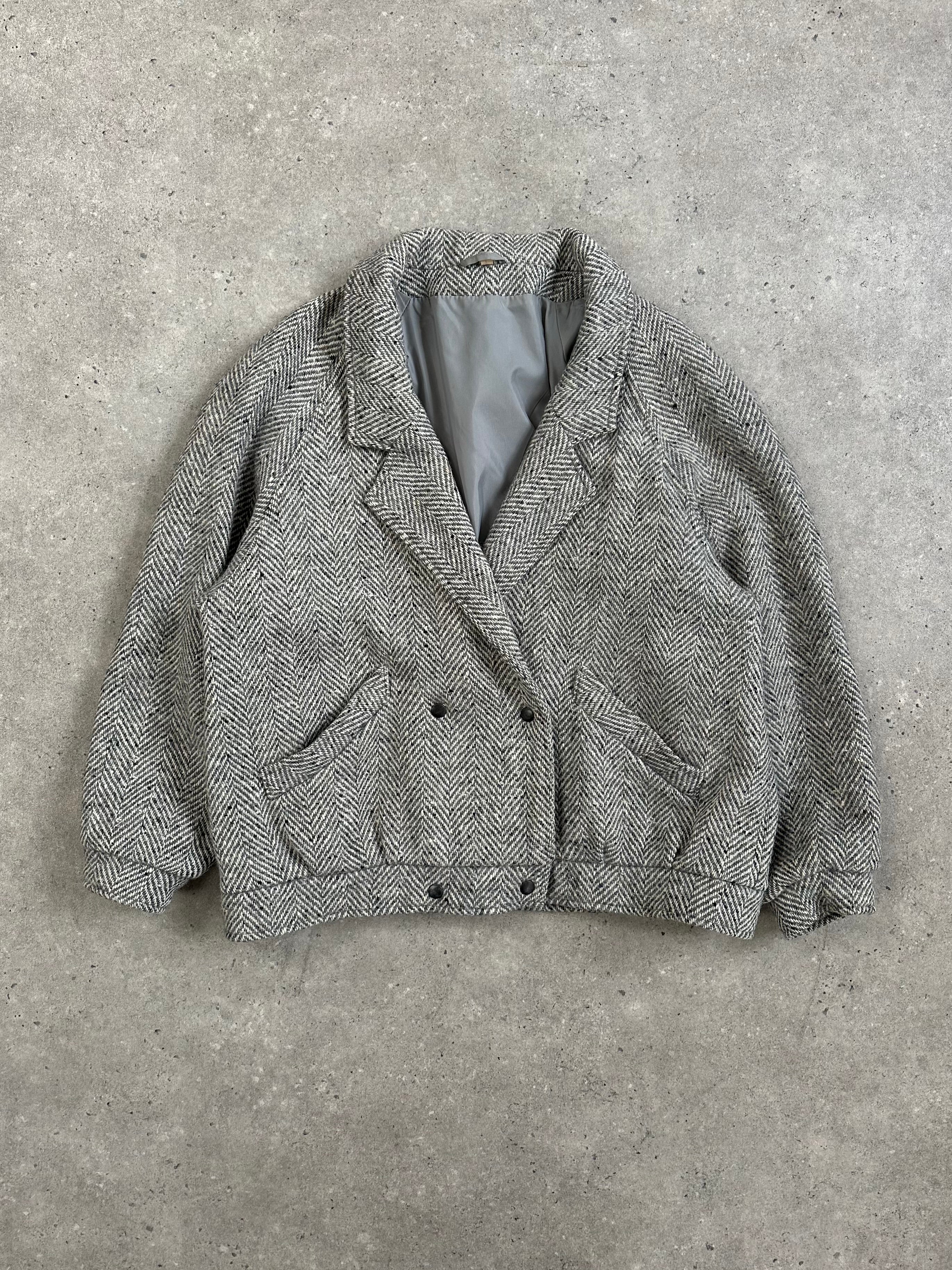 British Vintage 1980s pure wool herringbone bomber jacket, men's M/L size, classic retro style with textured fabric.