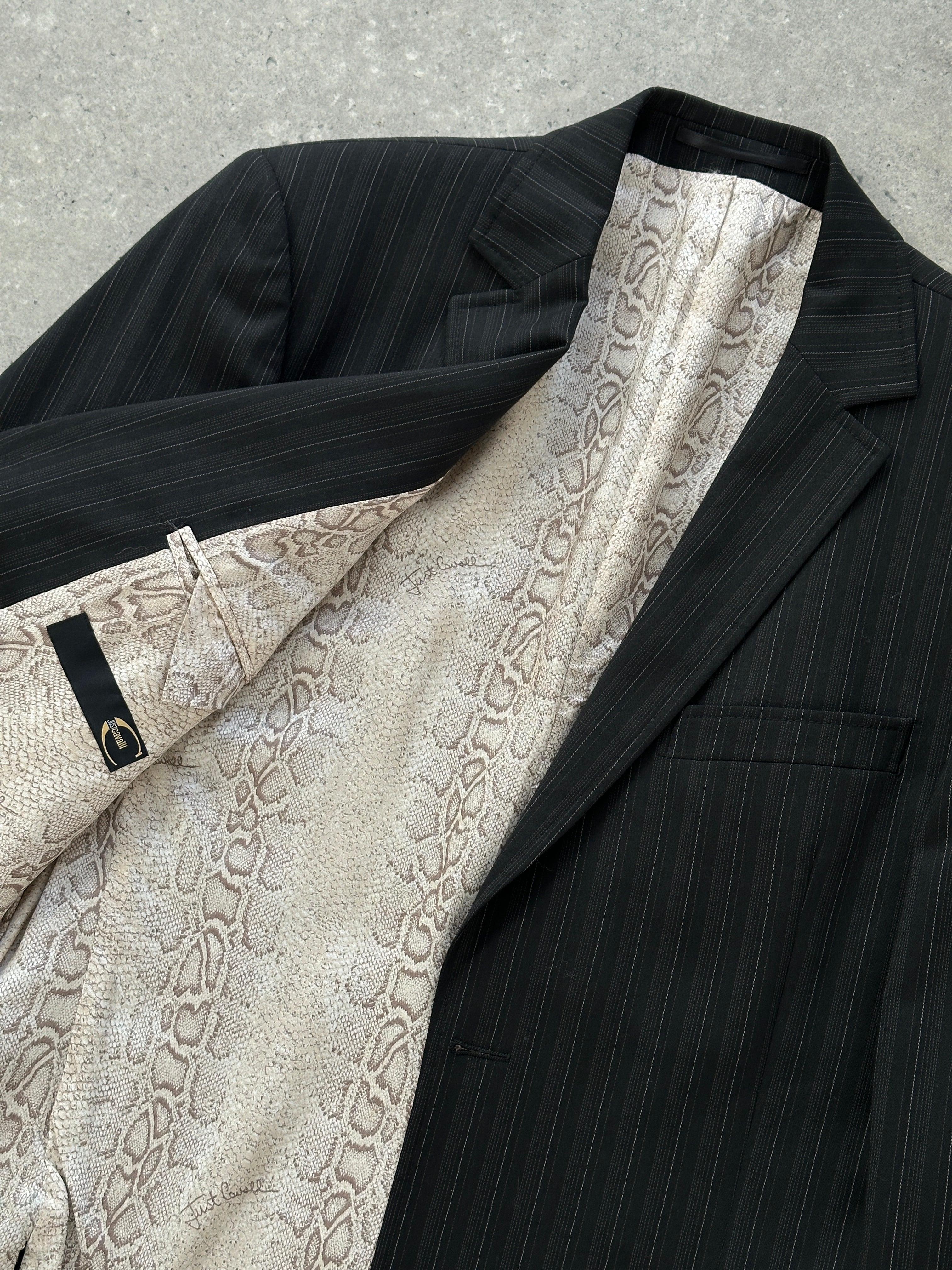 Roberto Cavalli Just Cavalli pinstripe wool blazer in size 42R/M, tailored fit with classic lapel and button closure.