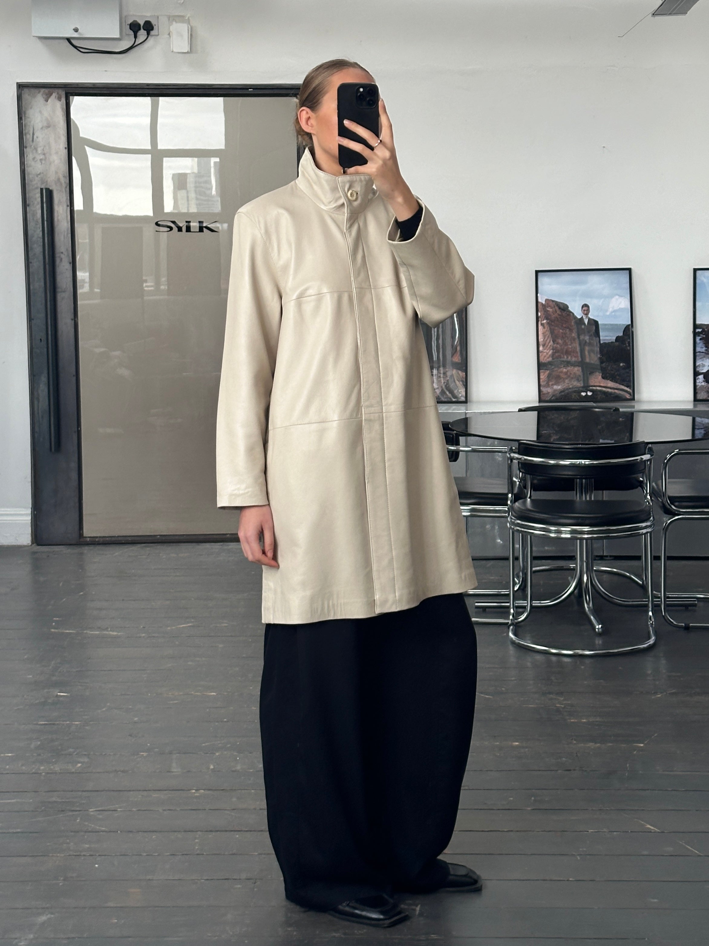 Vintage 1990s High Neck Leather Trench Coat - L - SYLK